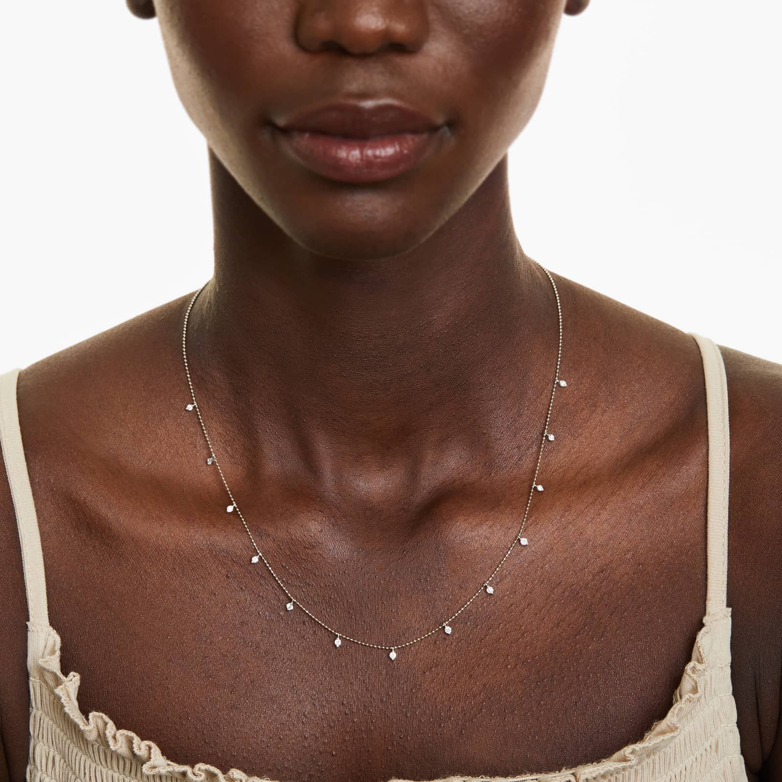 Faceted Bead Chain Diamond Station Necklace In 14K White Gold