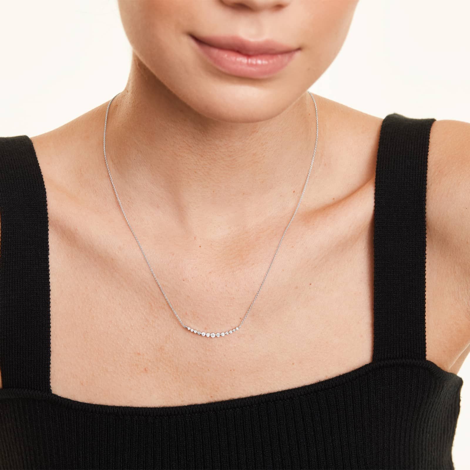 Graduated Curving Diamond Bar Necklace In 14K White Gold