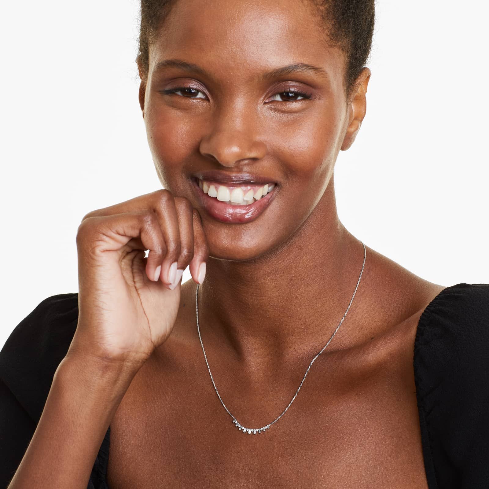 Curving Diamond Bar Necklace With Alternating Round And Baguette Cut Diamonds In 14K White Gold