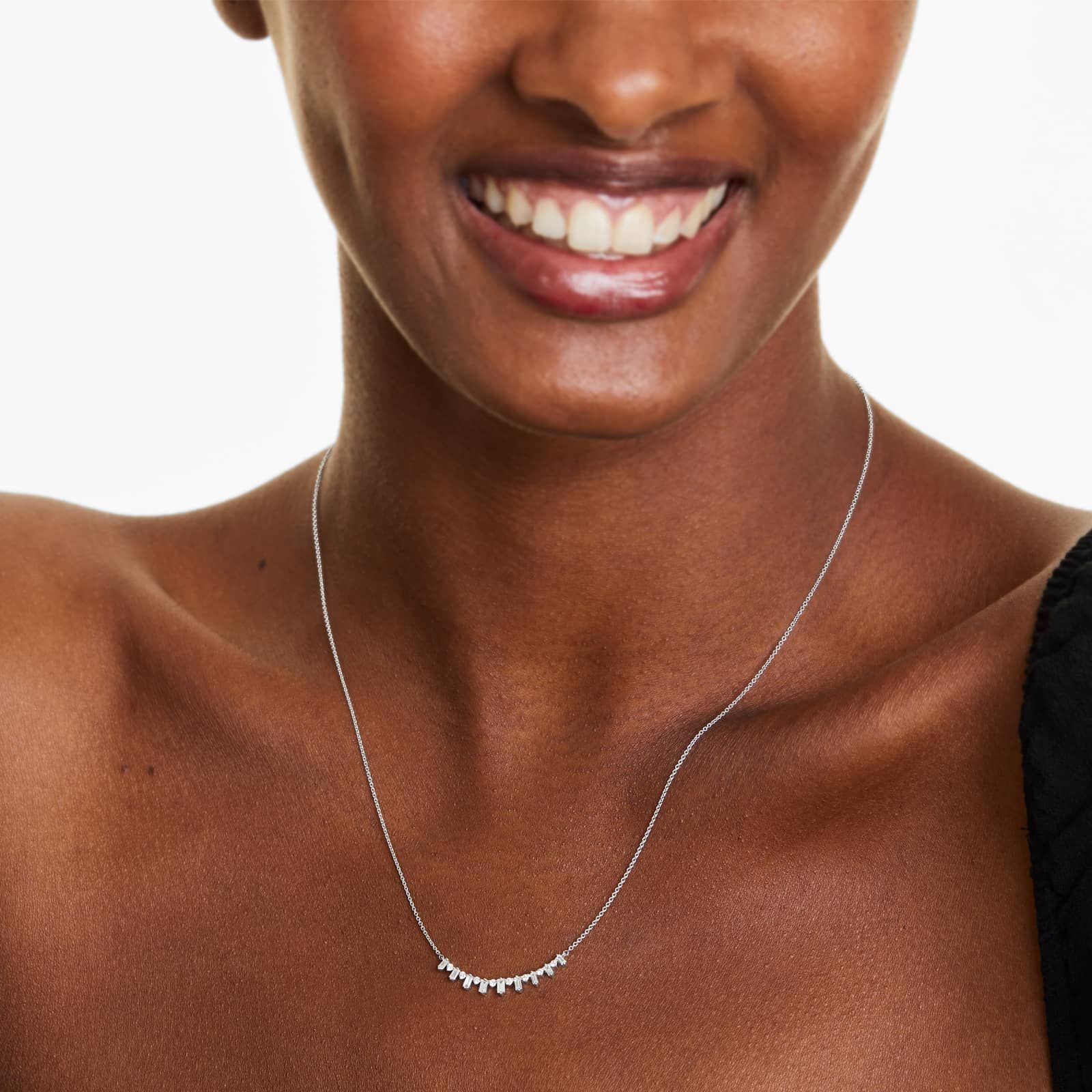 Curving Diamond Bar Necklace With Alternating Round And Baguette Cut Diamonds In 14K White Gold