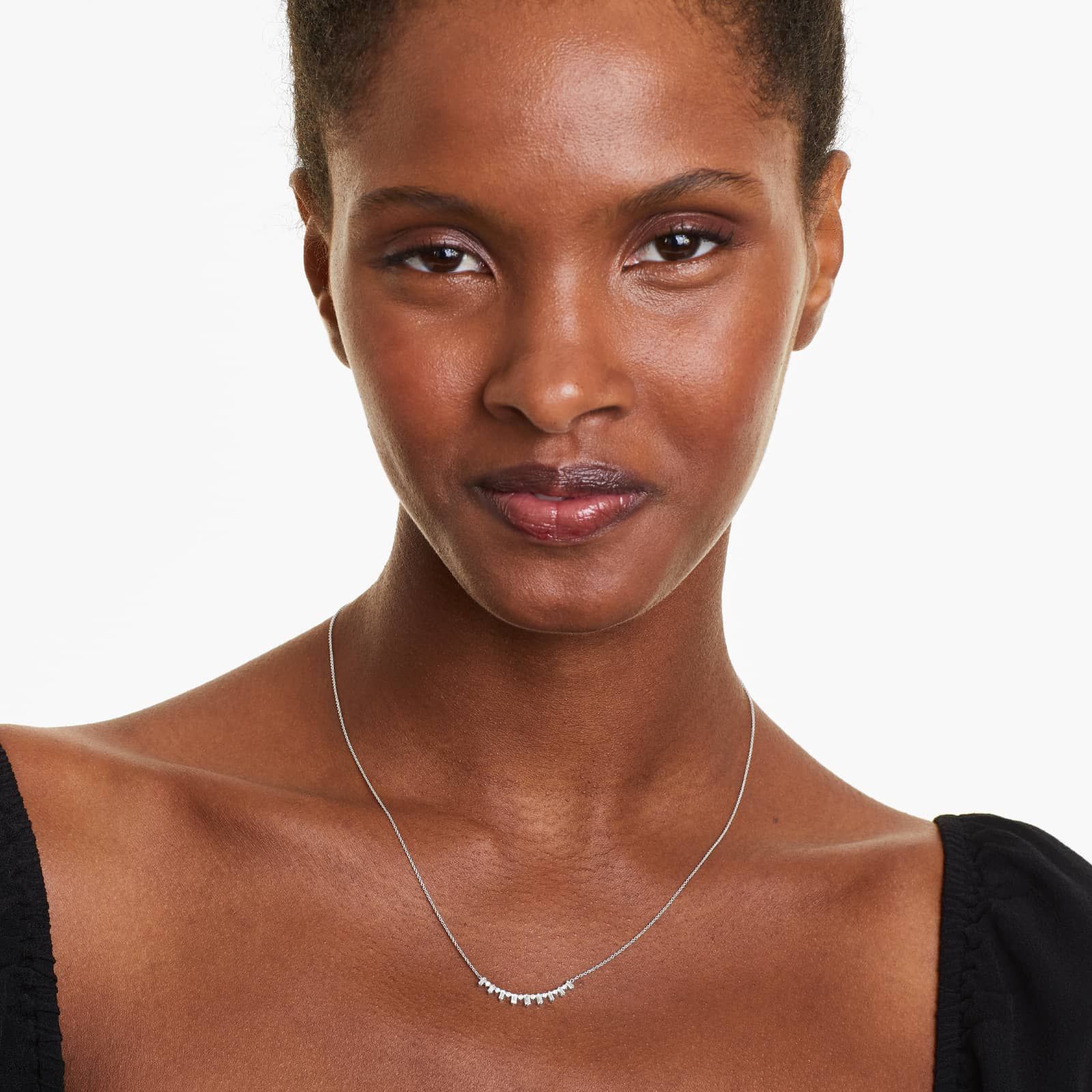 Curving Diamond Bar Necklace With Alternating Round And Baguette Cut Diamonds In 14K White Gold