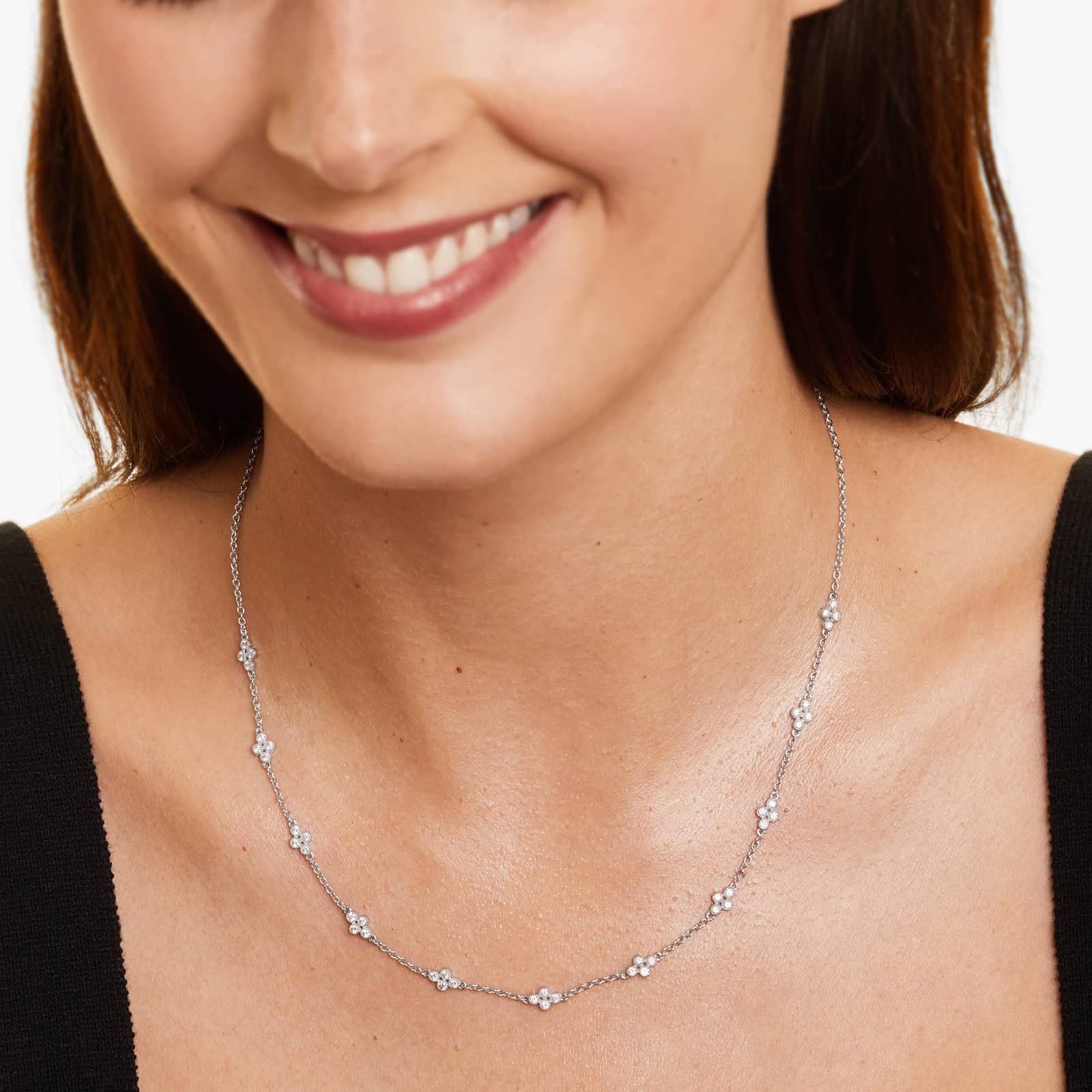 Clover Milgrain Bezel Diamond Station Necklace In 14K White Gold