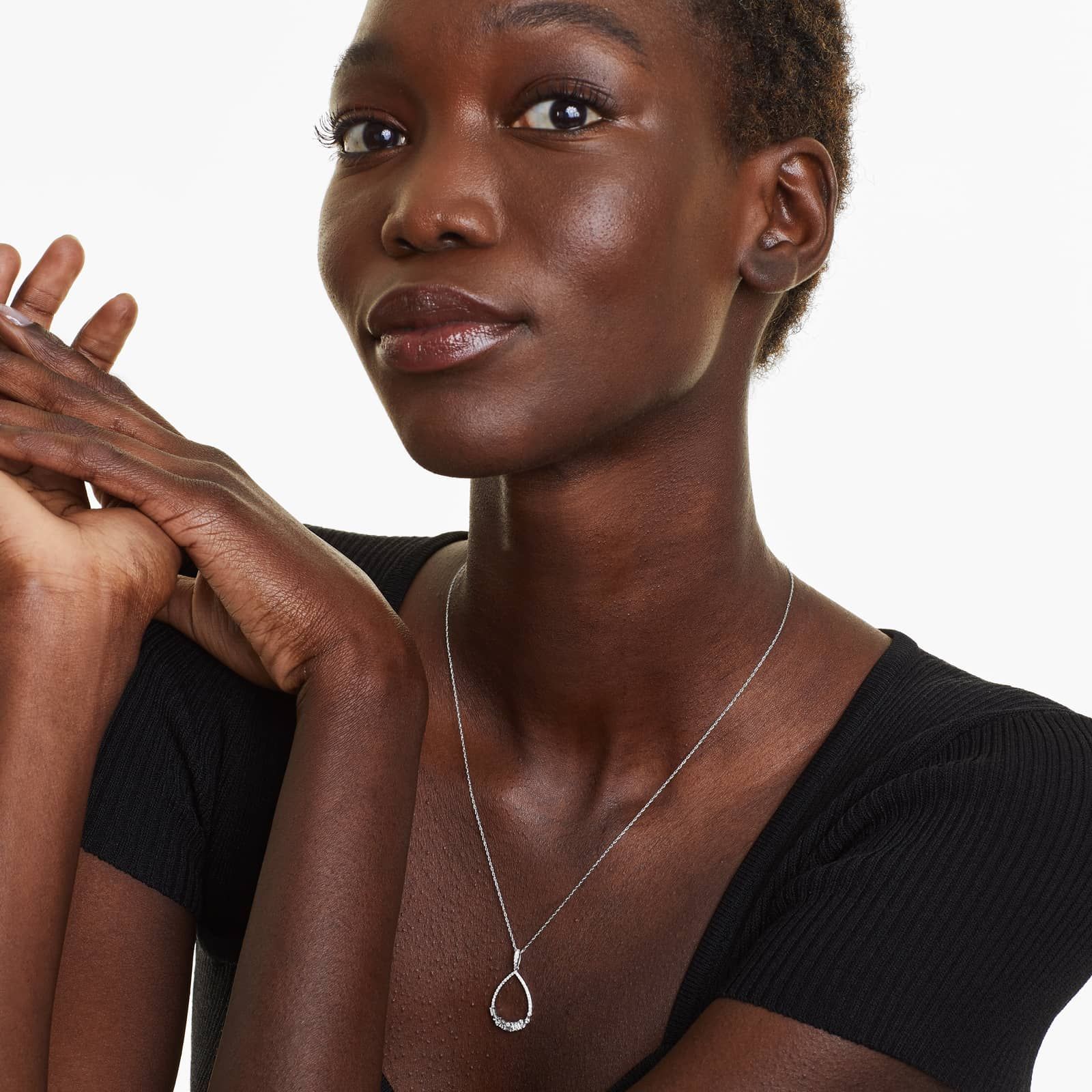 Diamond Cluster Open Drop Necklace With Round And Baguette Cut Diamonds In 14K White Gold