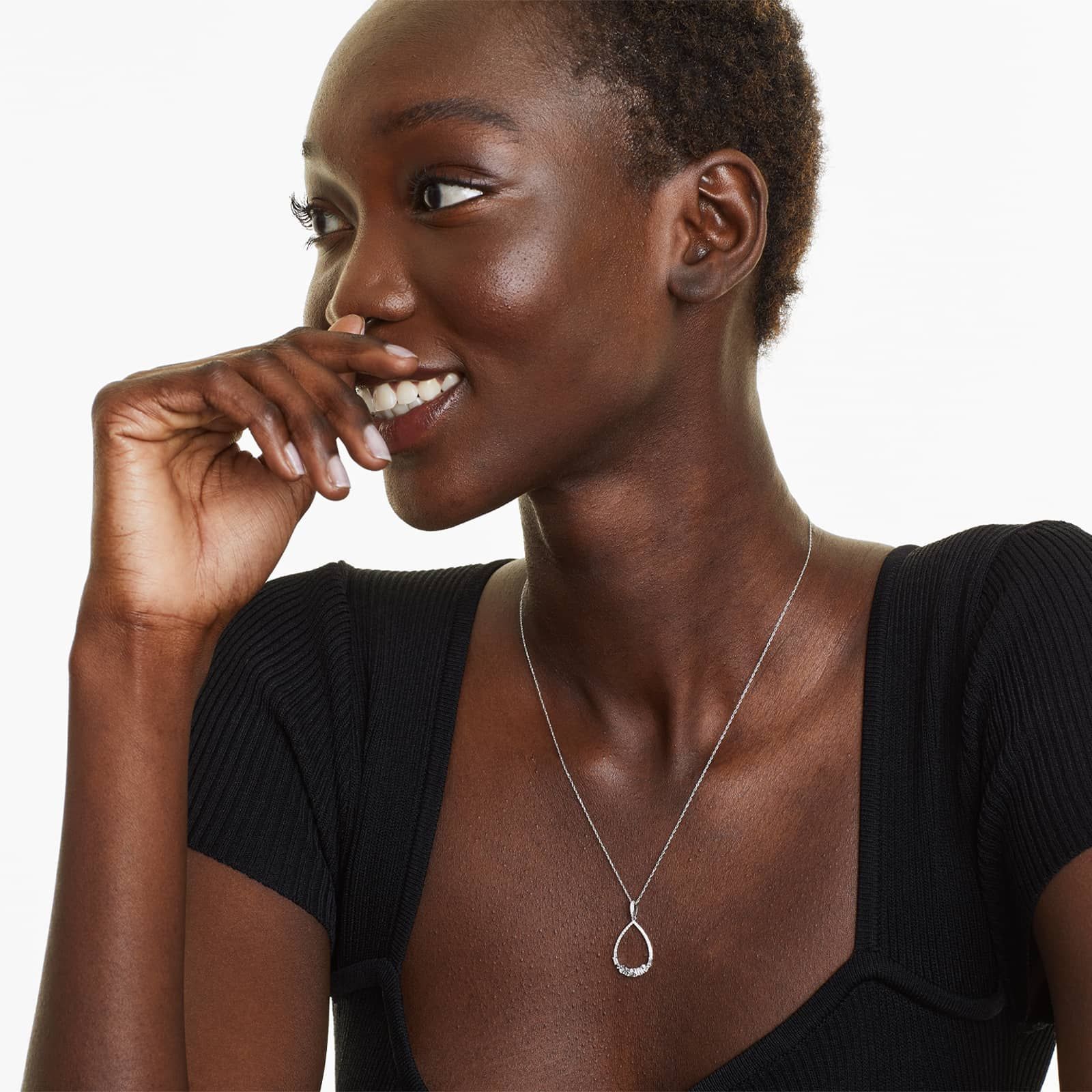 Diamond Cluster Open Drop Necklace With Round And Baguette Cut Diamonds In 14K White Gold