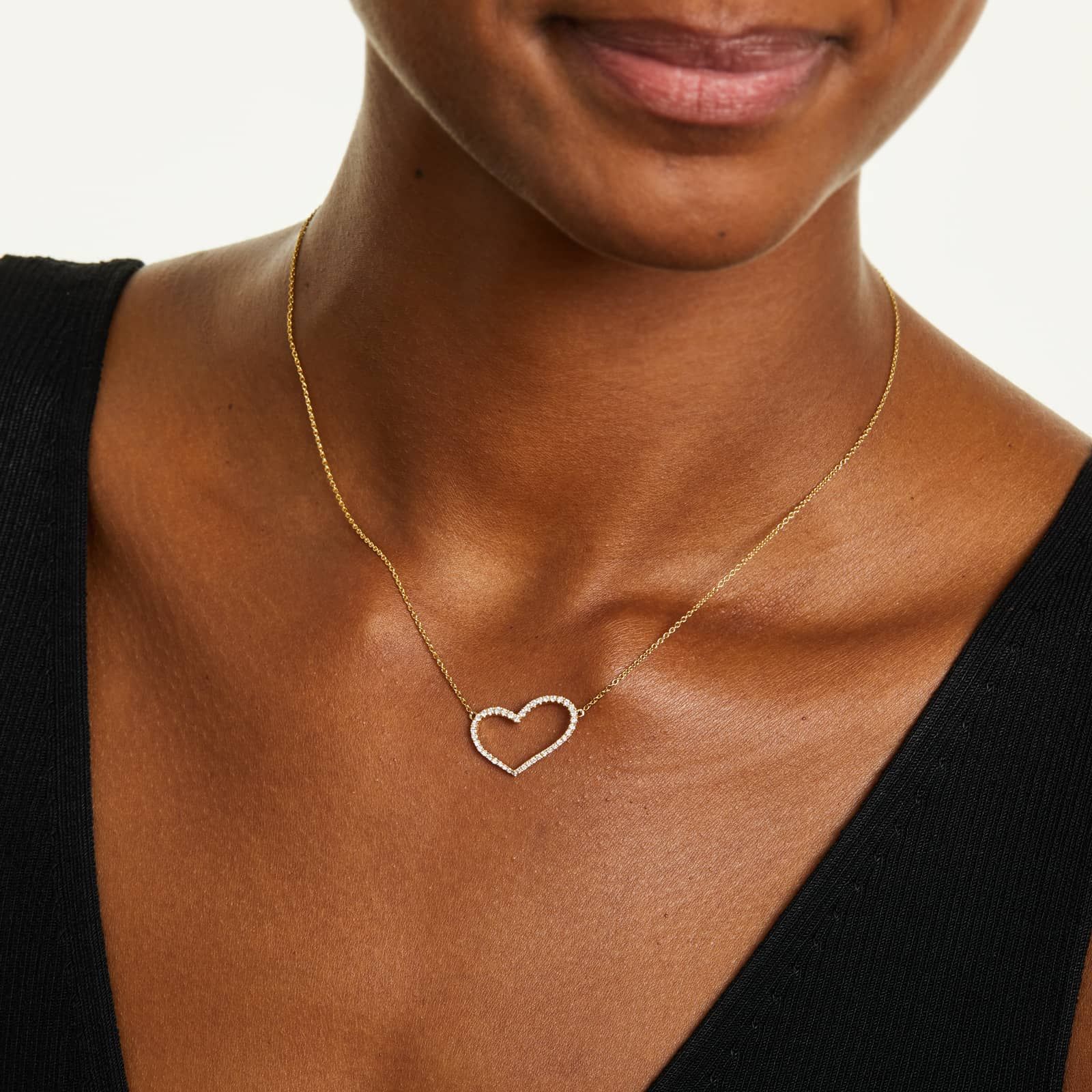 Pavé Heart Shaped Diamond Necklace In 14K Yellow Gold