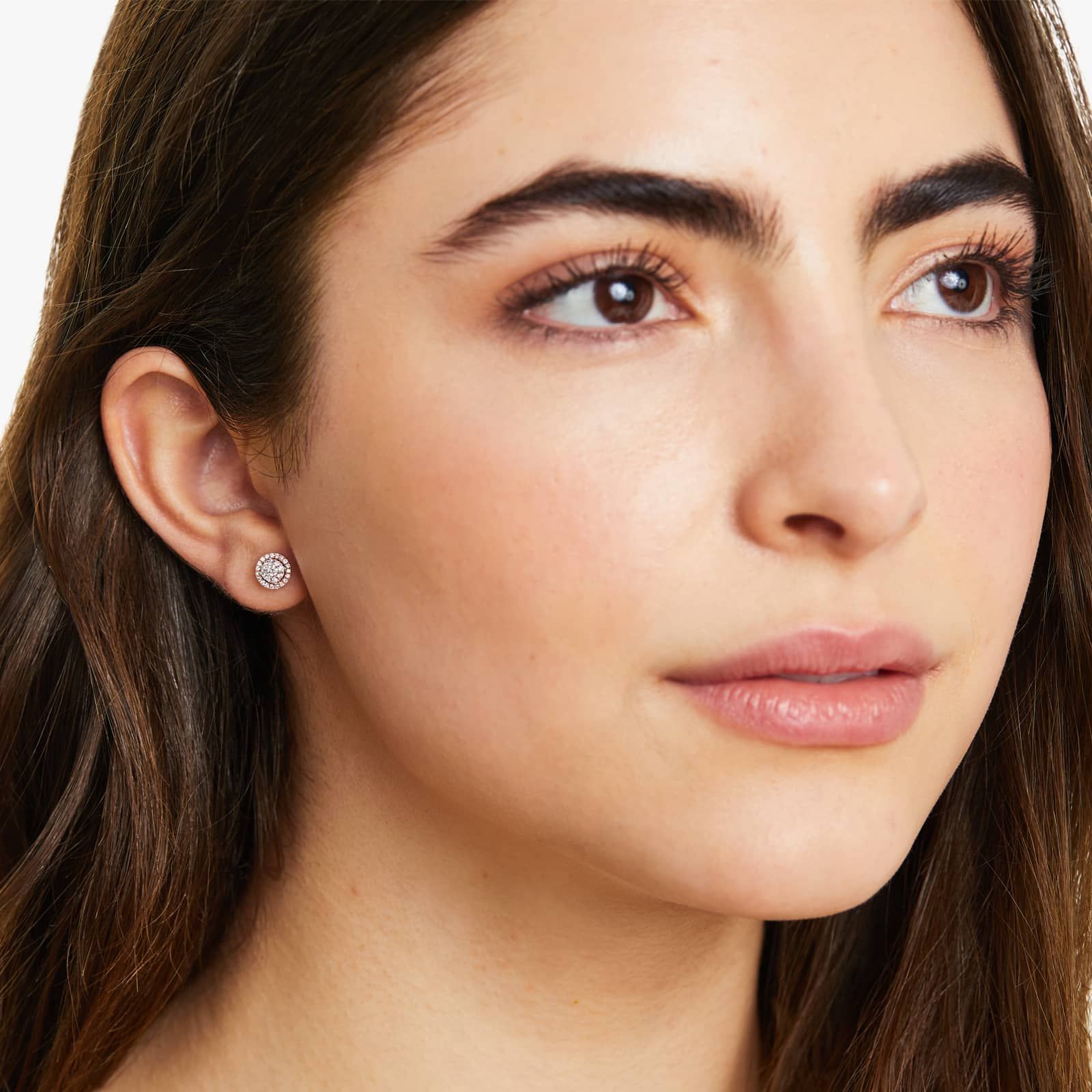 Round Halo Cluster Diamond Stud Earrings In 14K Rose Gold