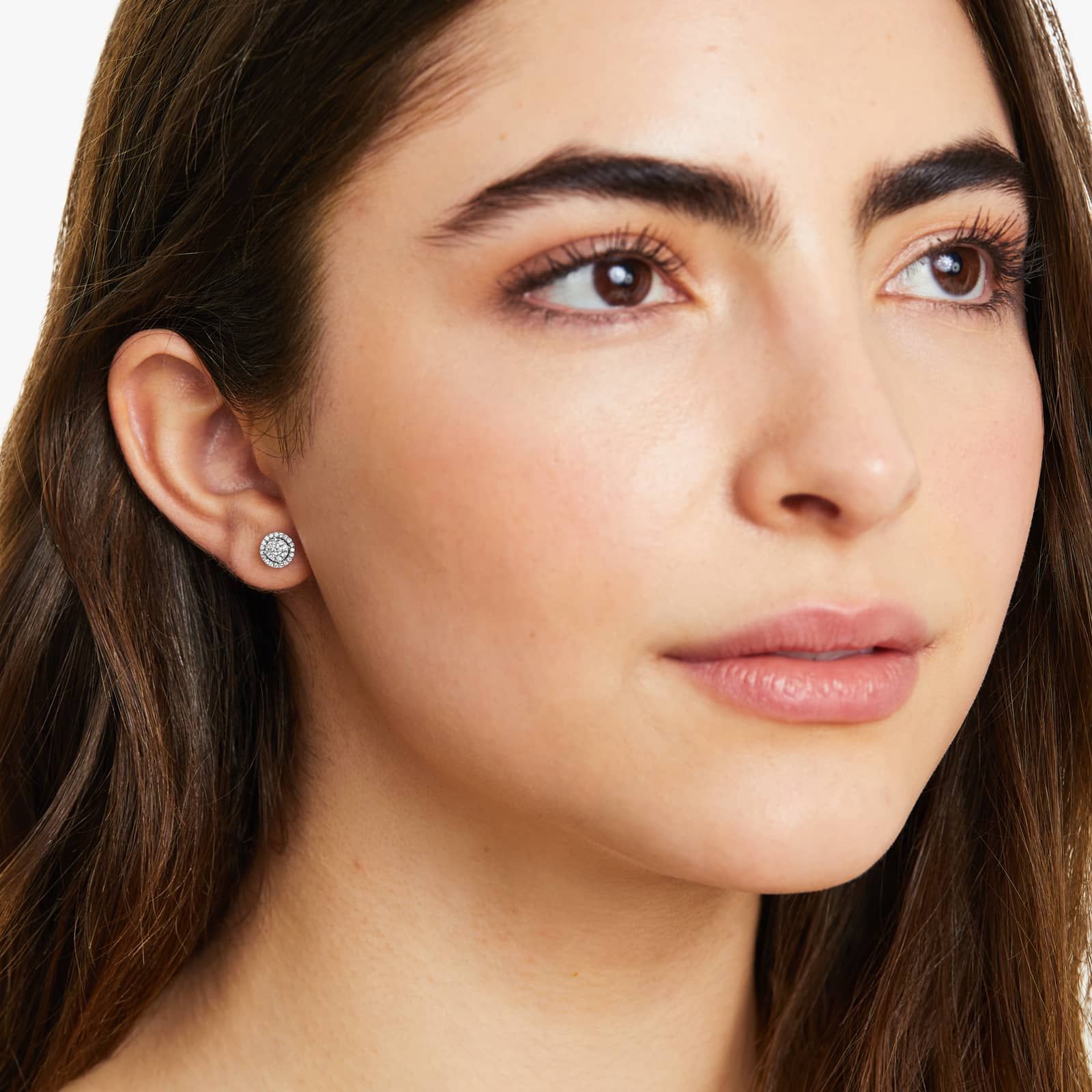 Round Halo Cluster Diamond Stud Earrings In 14K White Gold