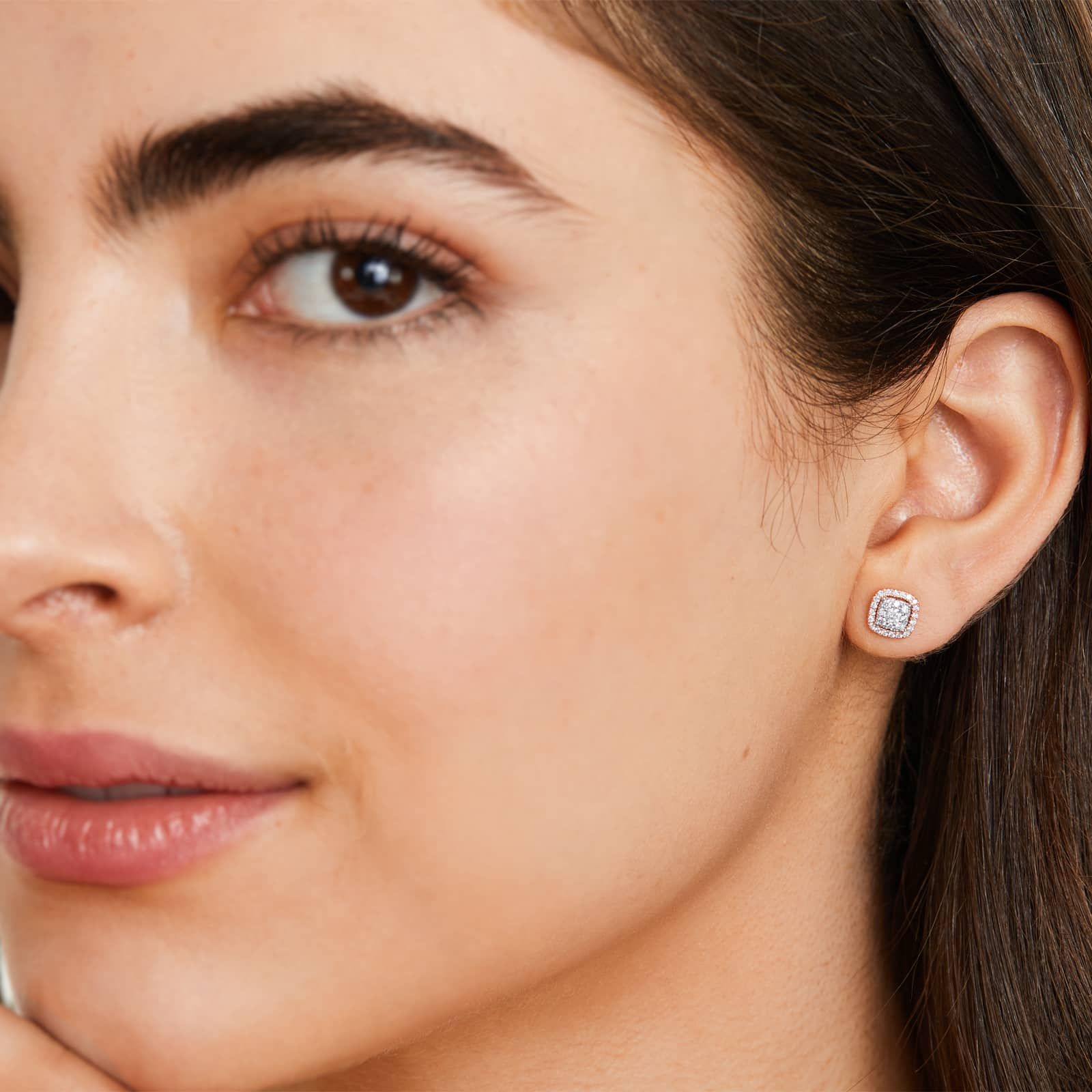 Cushion Halo Cluster Diamond Stud Earrings In 14K Rose Gold