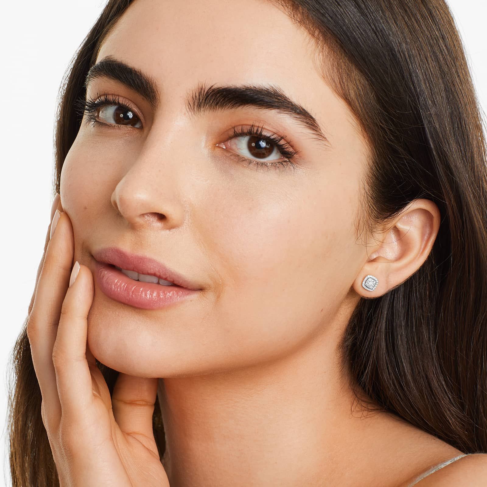 Cushion Halo Cluster Diamond Stud Earrings In 14K White Gold