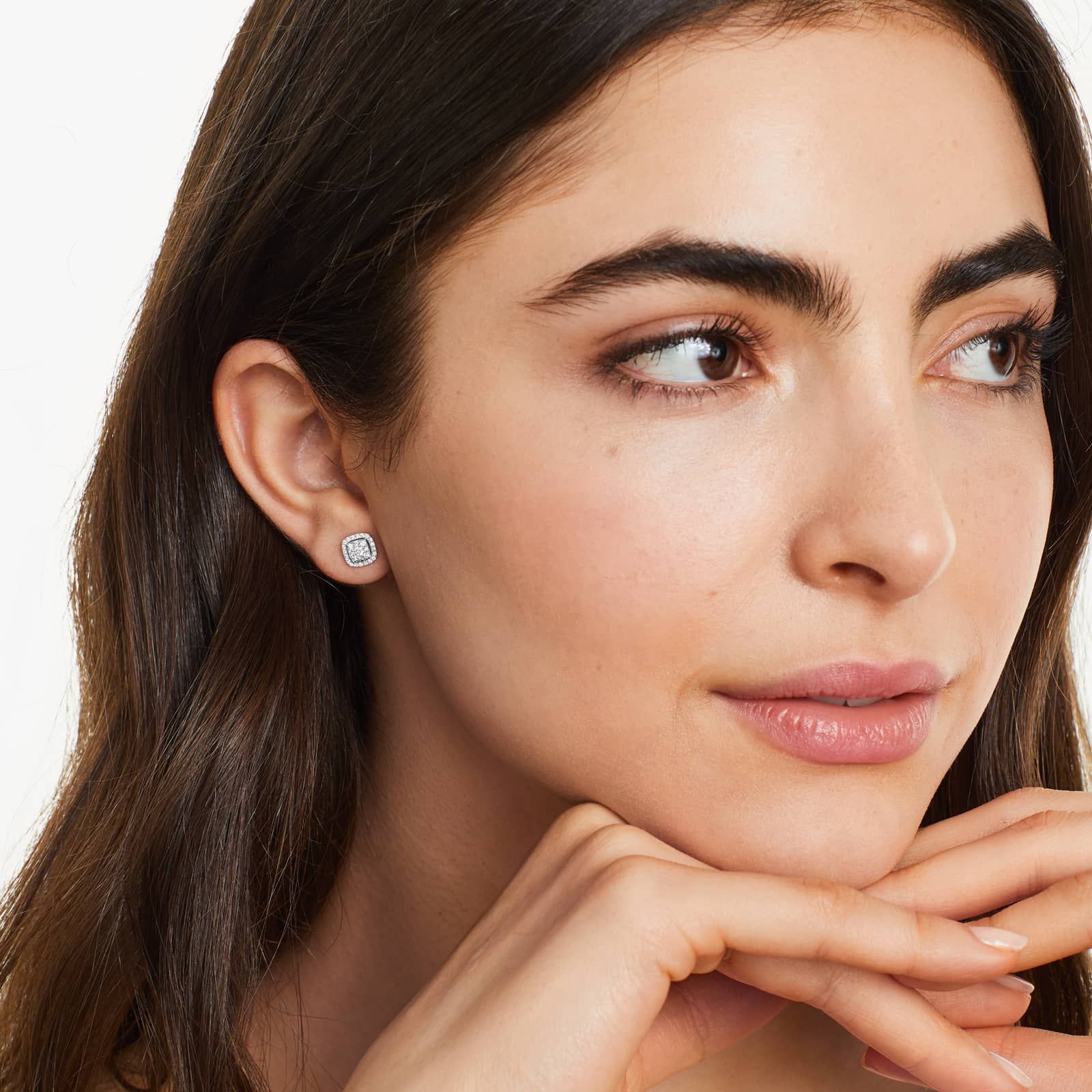 Cushion Halo Cluster Diamond Stud Earrings In 14K White Gold