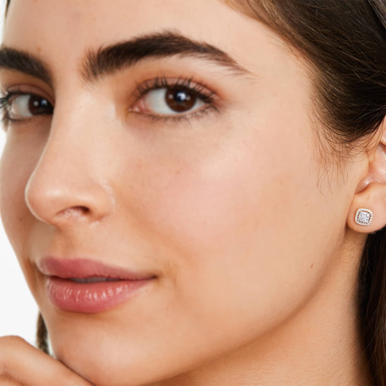 Cushion Halo Cluster Diamond Stud Earrings In 14K Yellow Gold