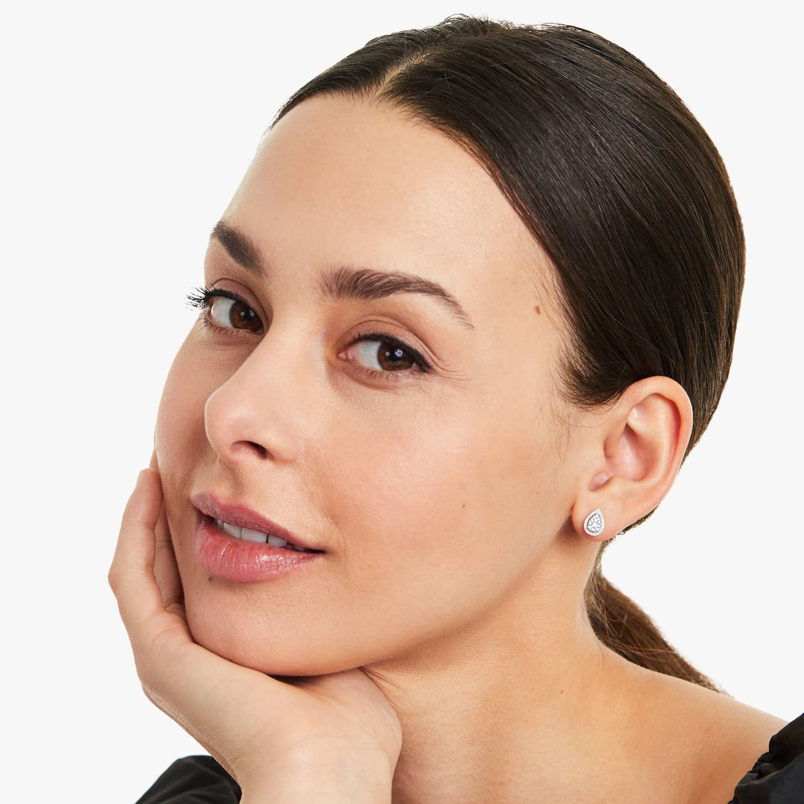 Pear Halo Cluster Diamond Stud Earrings In 14K White Gold