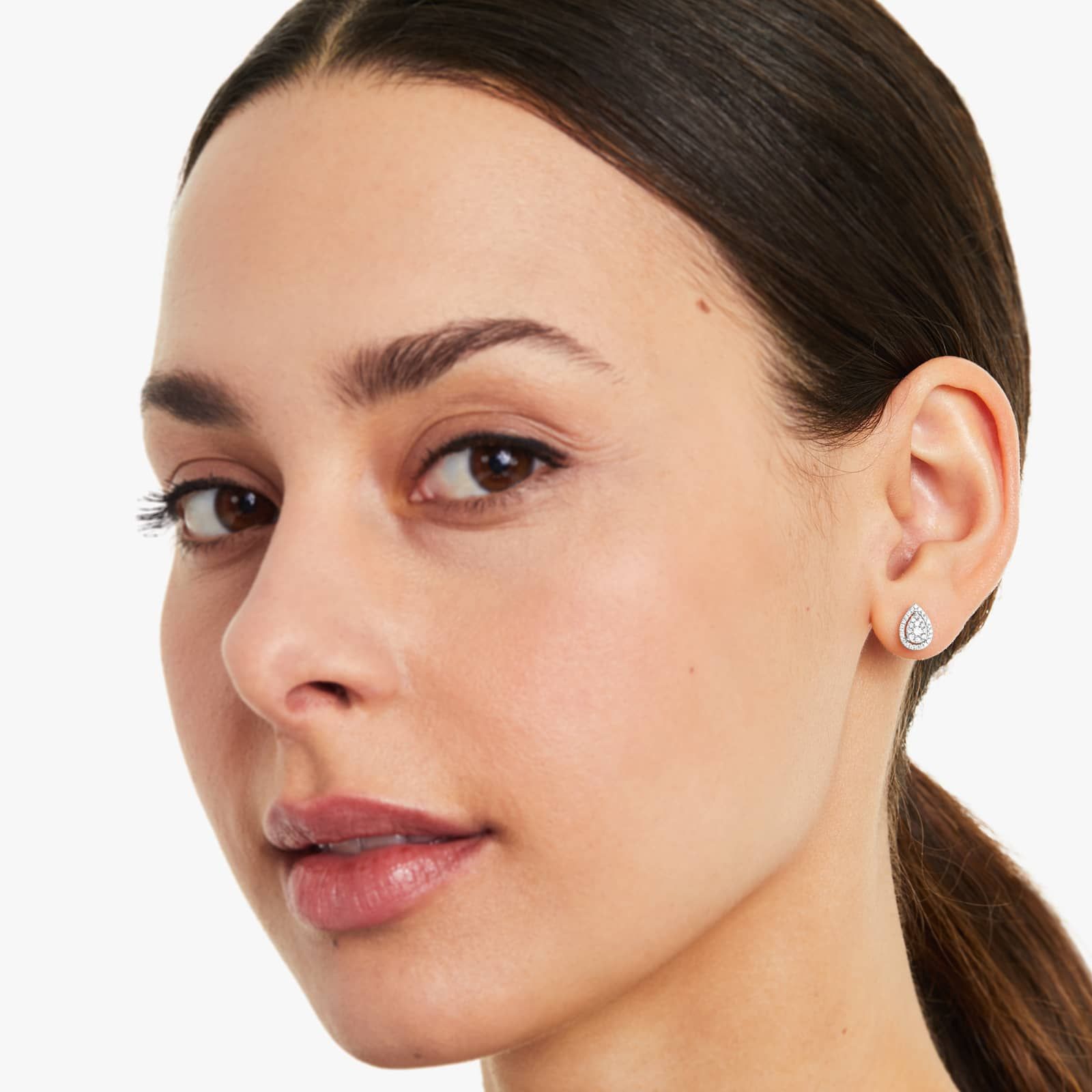 Pear Halo Cluster Diamond Stud Earrings In 14K White Gold