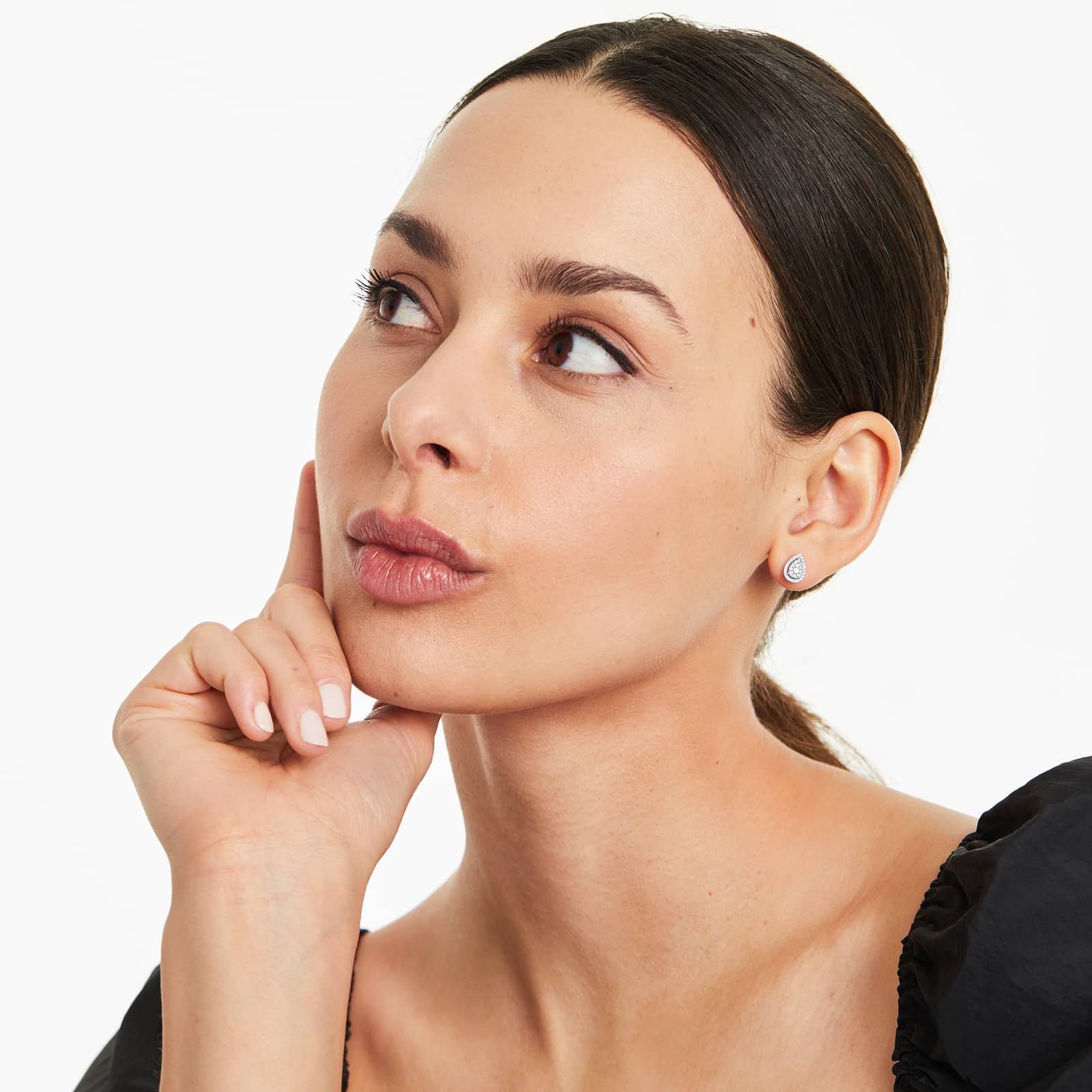 Pear Halo Cluster Diamond Stud Earrings In 14K White Gold