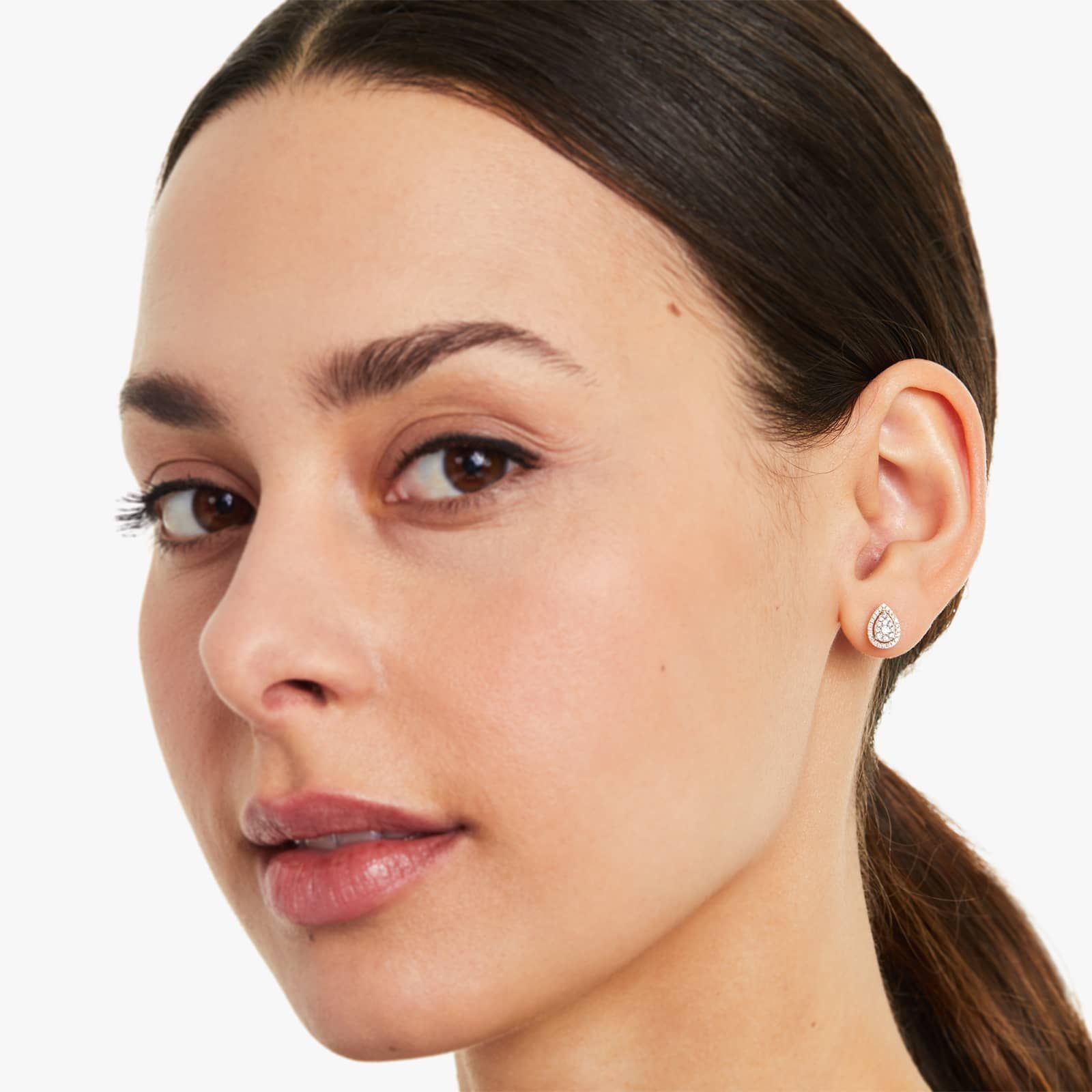 Pear Halo Cluster Diamond Stud Earrings In 14K Yellow Gold