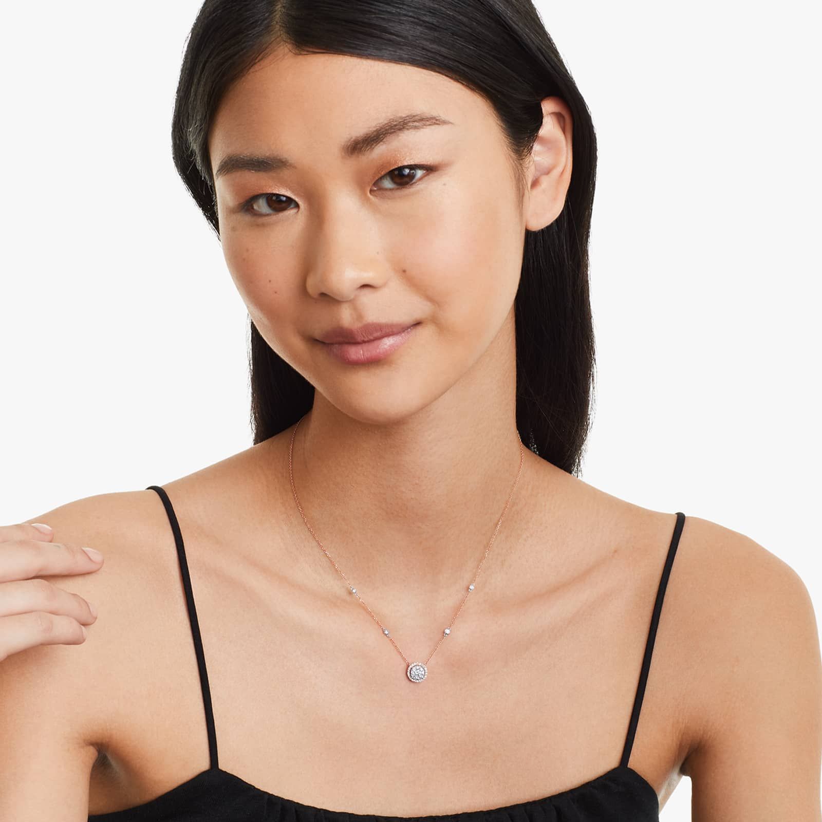 Round Halo Cluster Diamond Necklace In 14K Rose Gold