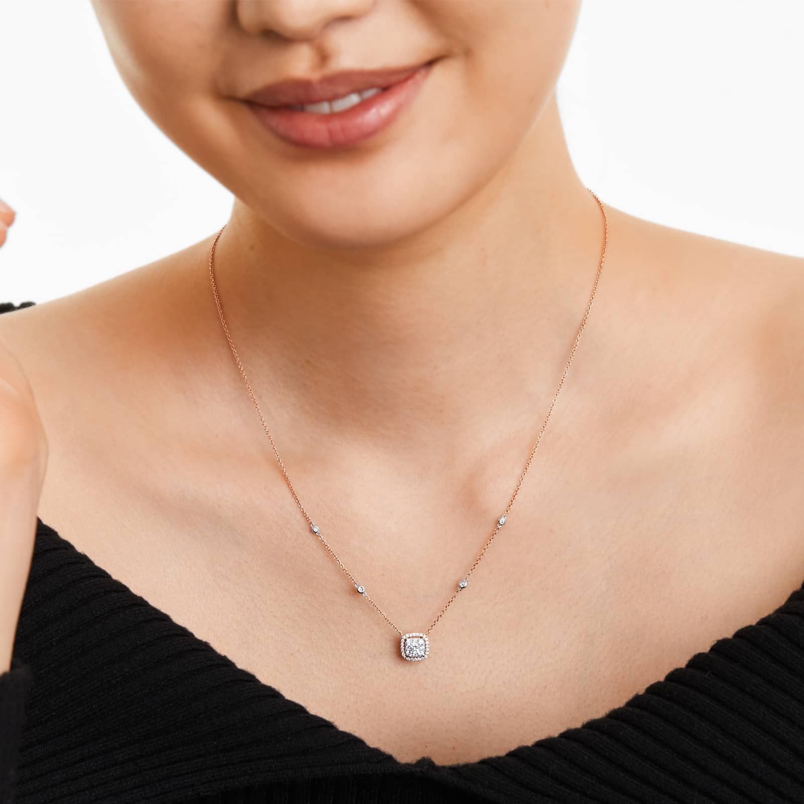 Cushion Halo Cluster Diamond Necklace In 14K Rose Gold