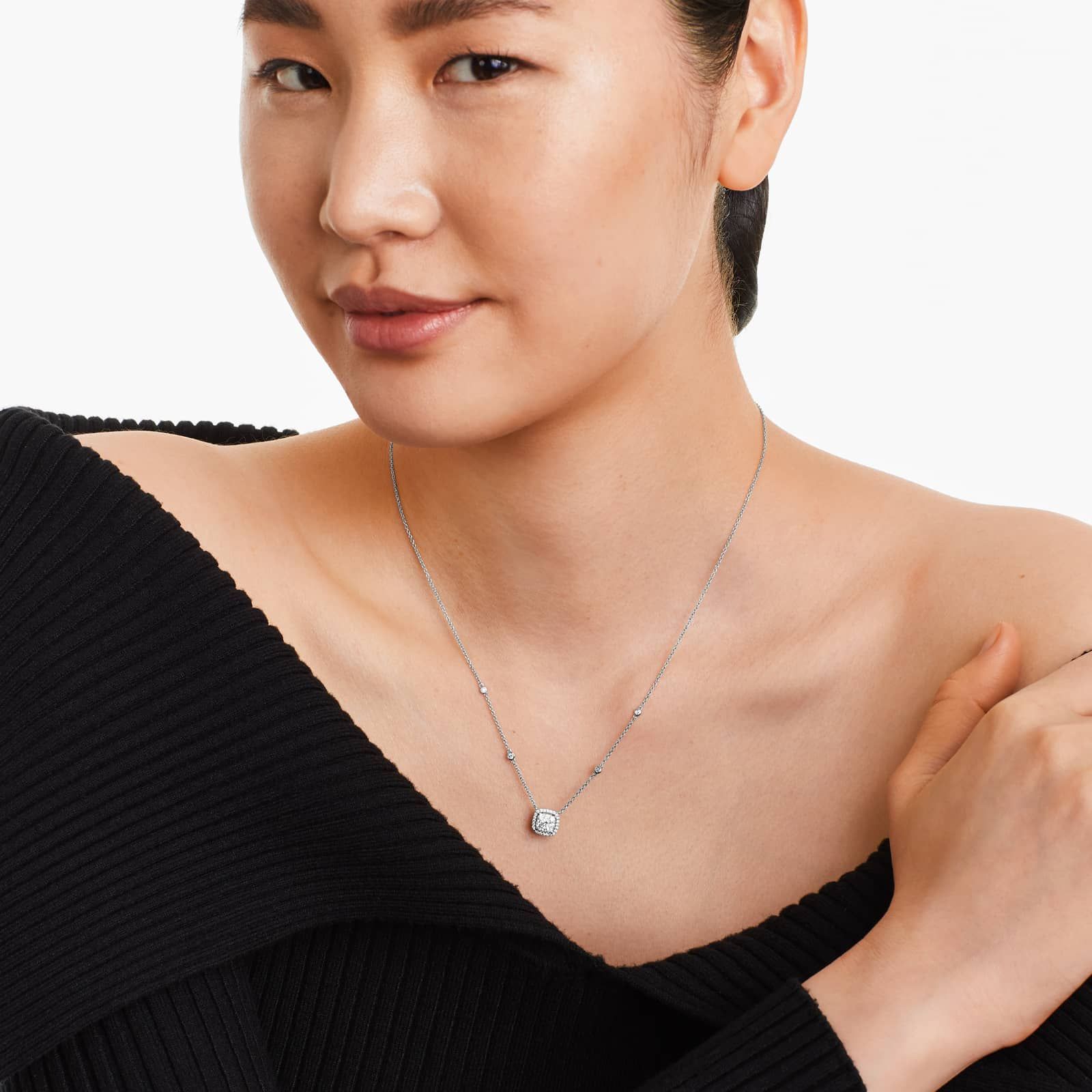 Cushion Halo Cluster Diamond Necklace In 14K White Gold