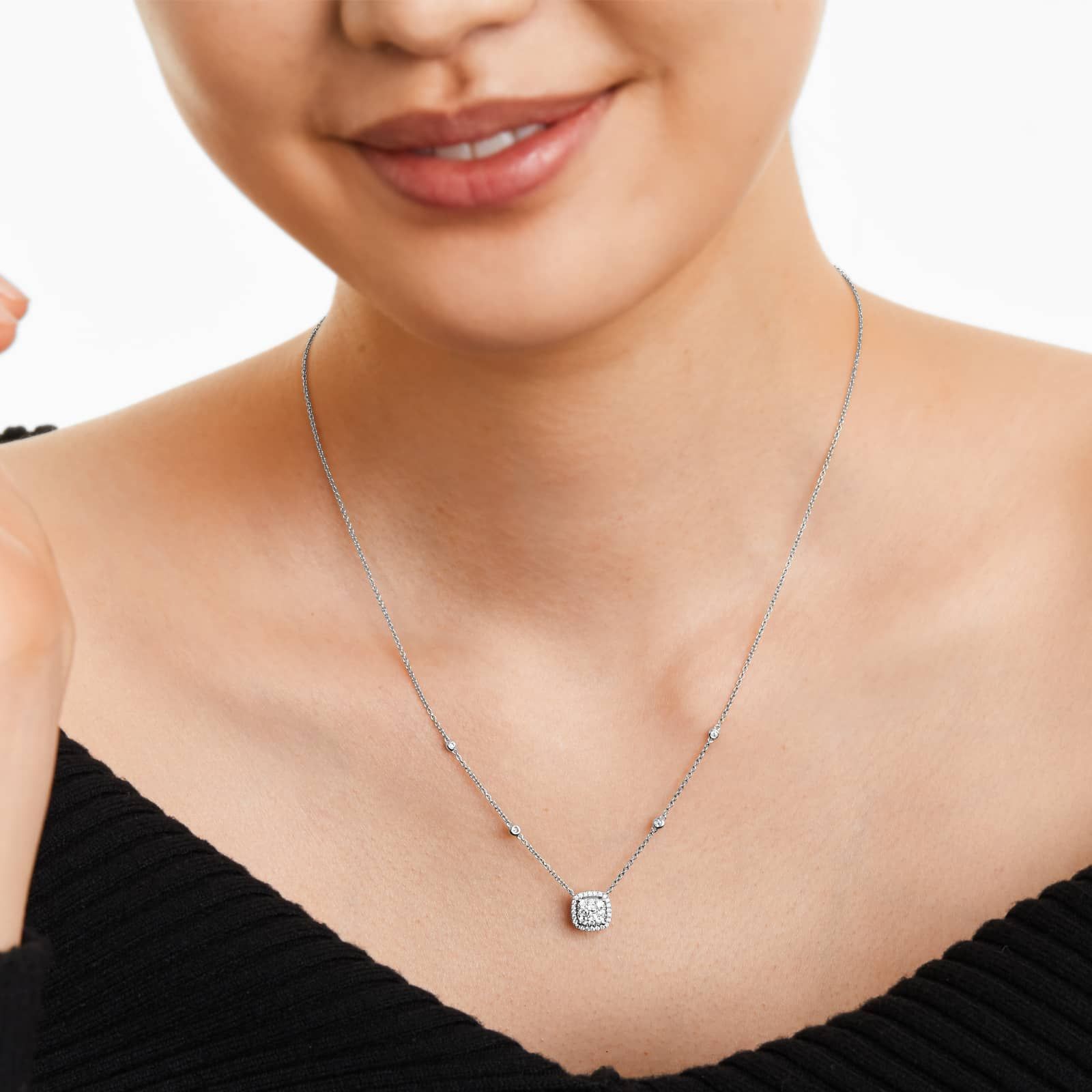 Cushion Halo Cluster Diamond Necklace In 14K White Gold