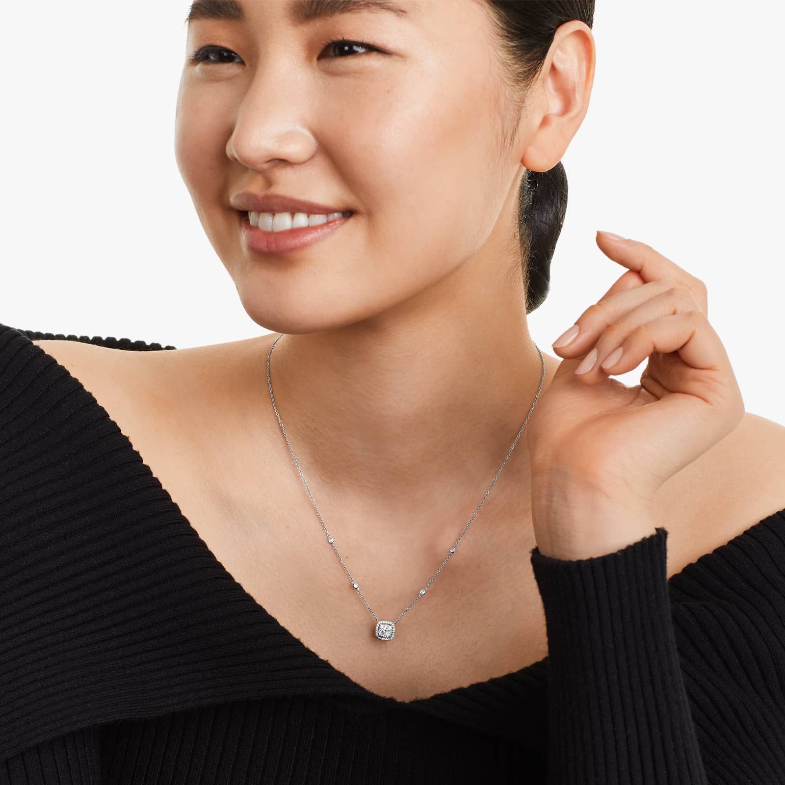 Cushion Halo Cluster Diamond Necklace In 14K White Gold