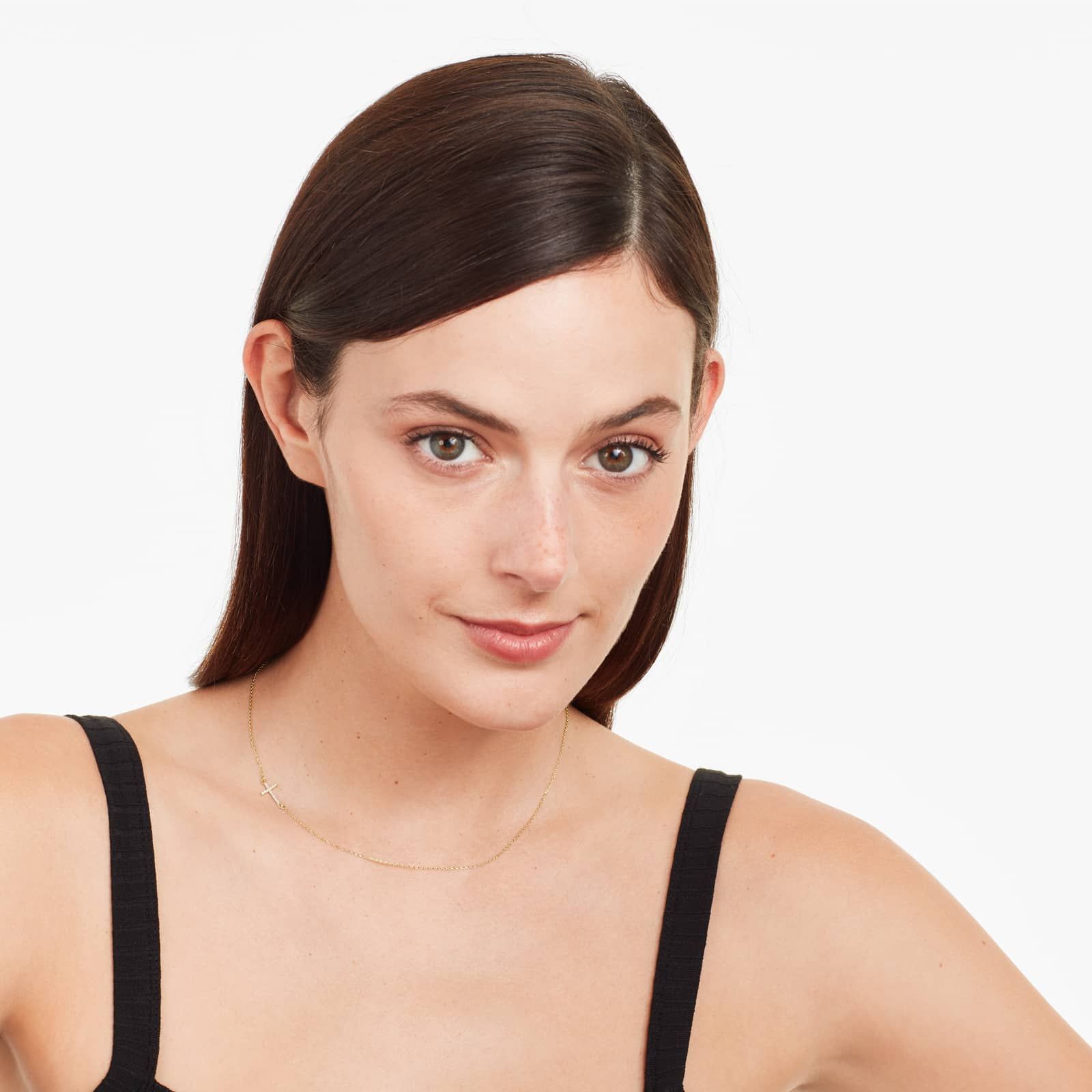 Sideways Cross Diamond Necklace In 14K Yellow Gold