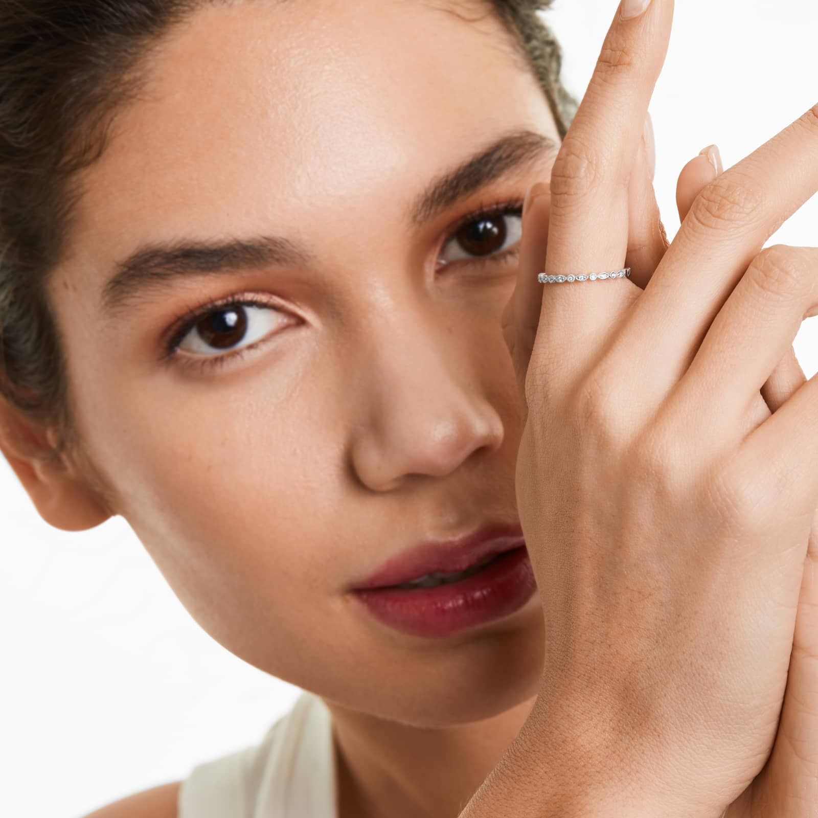 Vintage Marquise And Round Bezel Diamond Ring In 14K White Gold