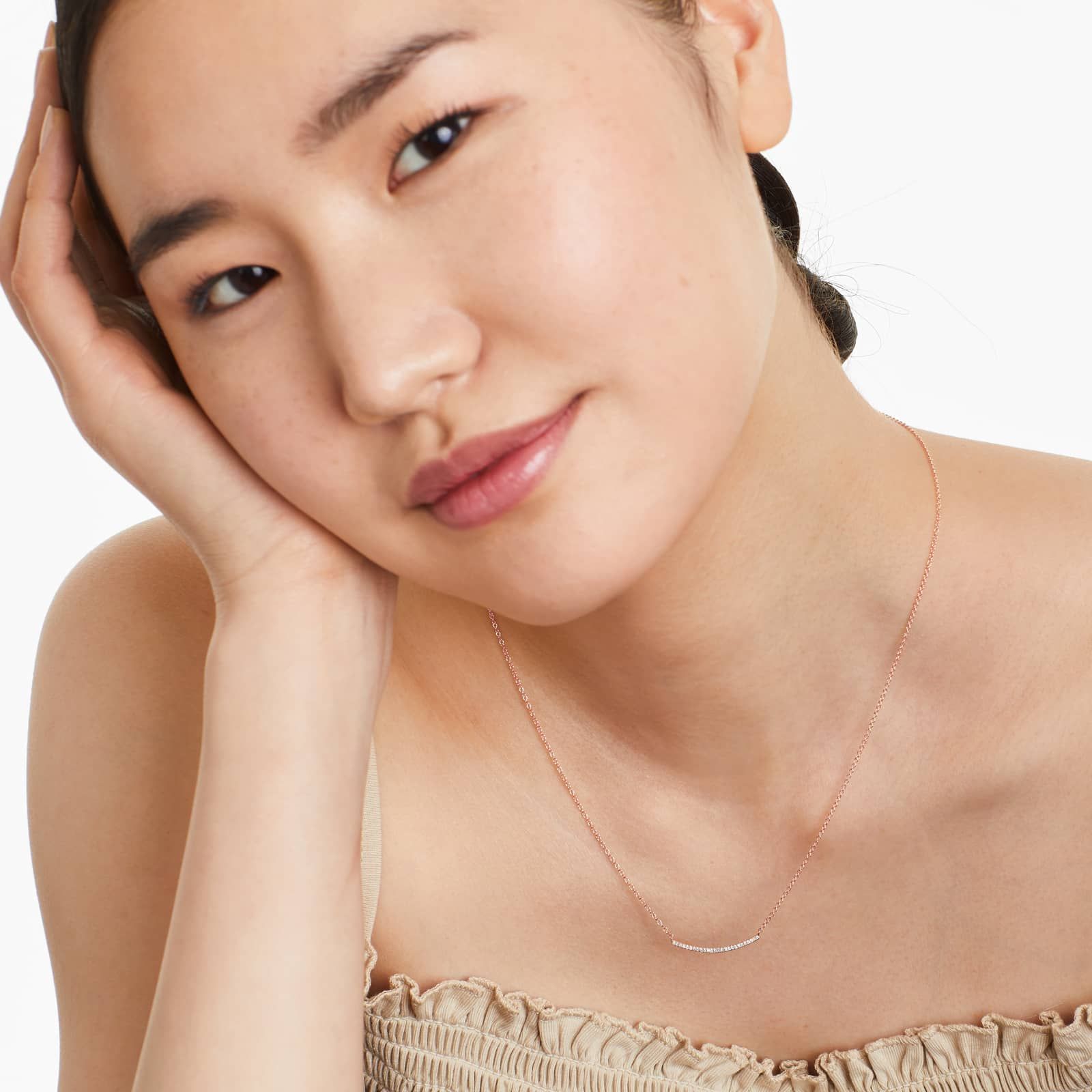 Slightly Curved Diamond Bar Necklace In 14K Rose Gold