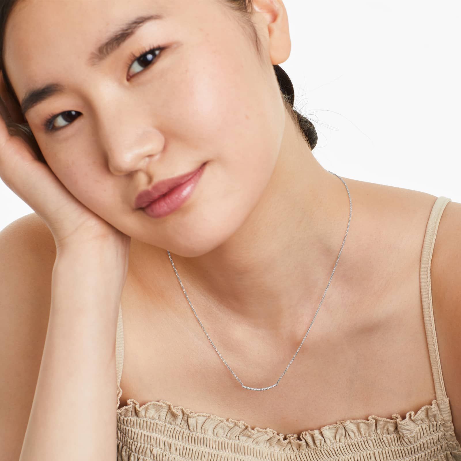 Slightly Curved Diamond Bar Necklace In 14K White Gold