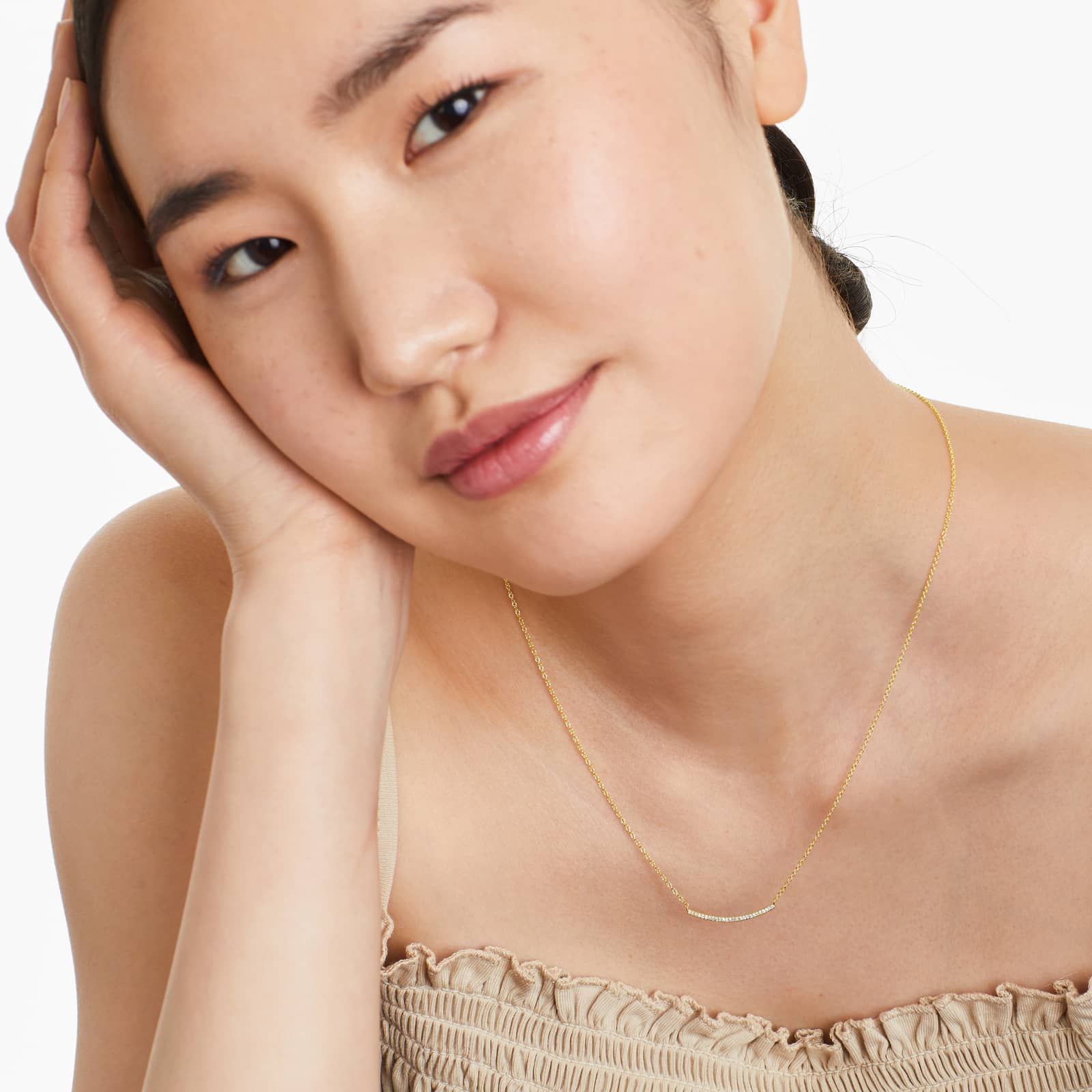 Slightly Curved Diamond Bar Necklace In 14K Yellow Gold