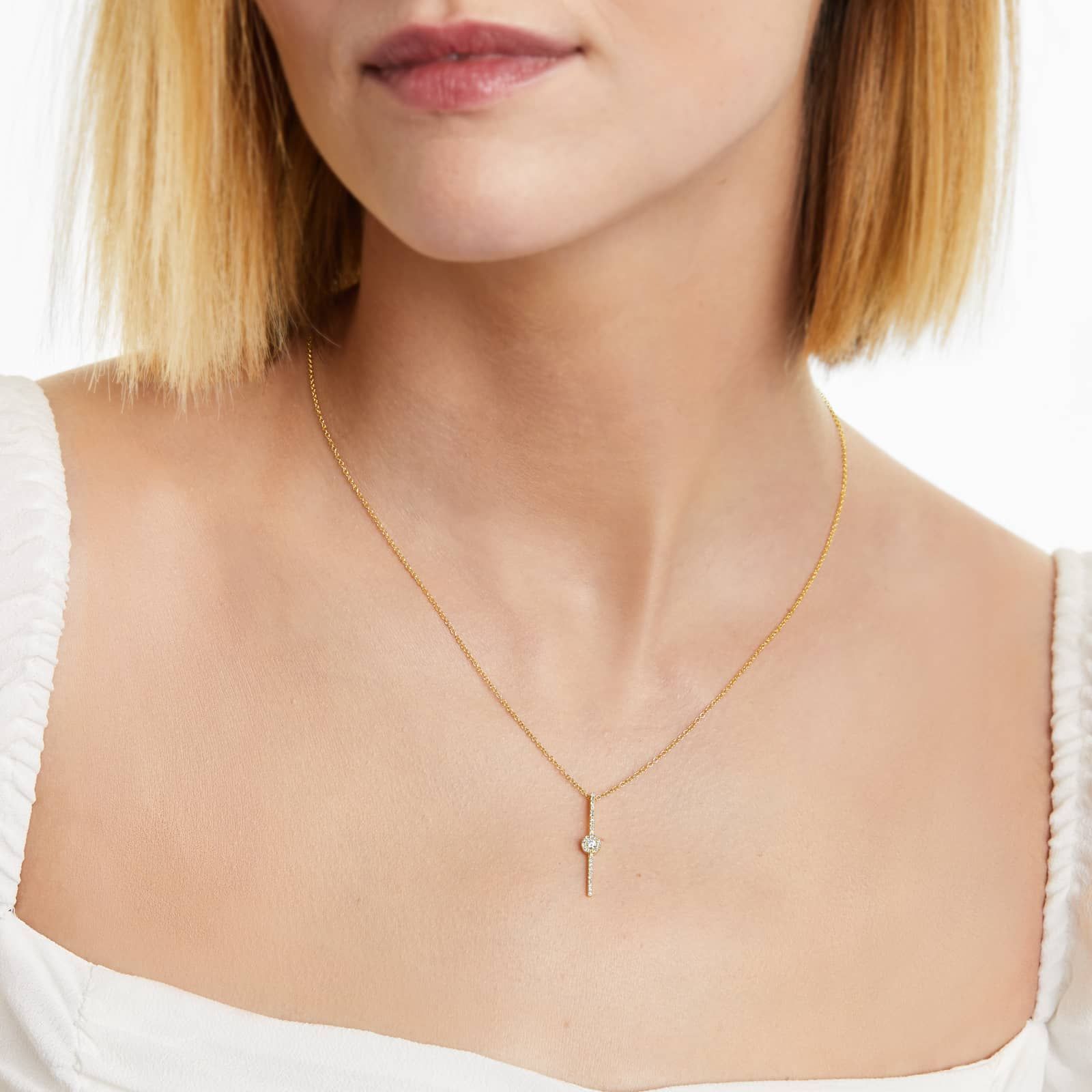 Vertical Bar Drop Diamond Necklace In 14K Yellow Gold