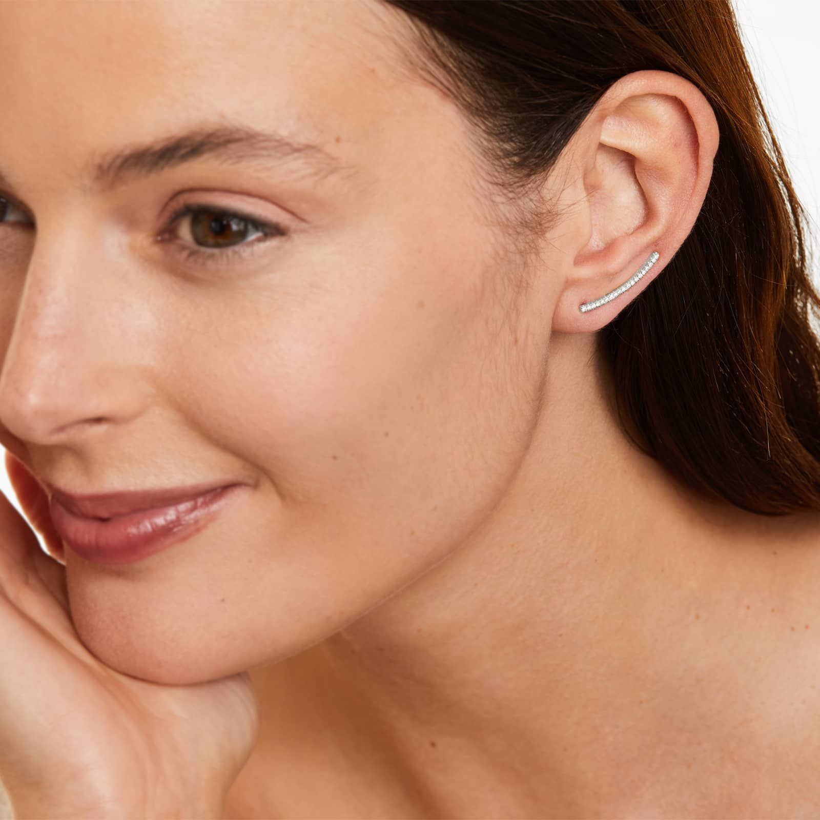 Curved Bar Diamond Climber Earrings In 14K White Gold