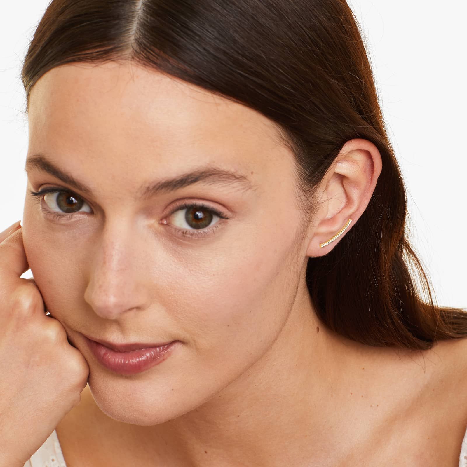 Curved Bar Diamond Climber Earrings In 14K Yellow Gold