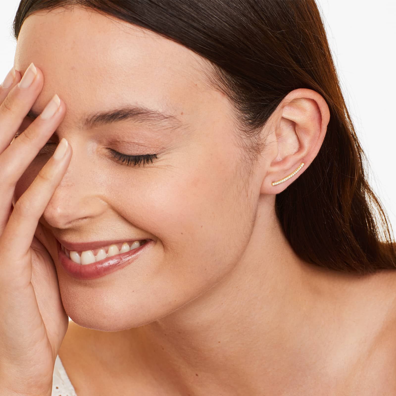 Curved Bar Diamond Climber Earrings In 14K Yellow Gold