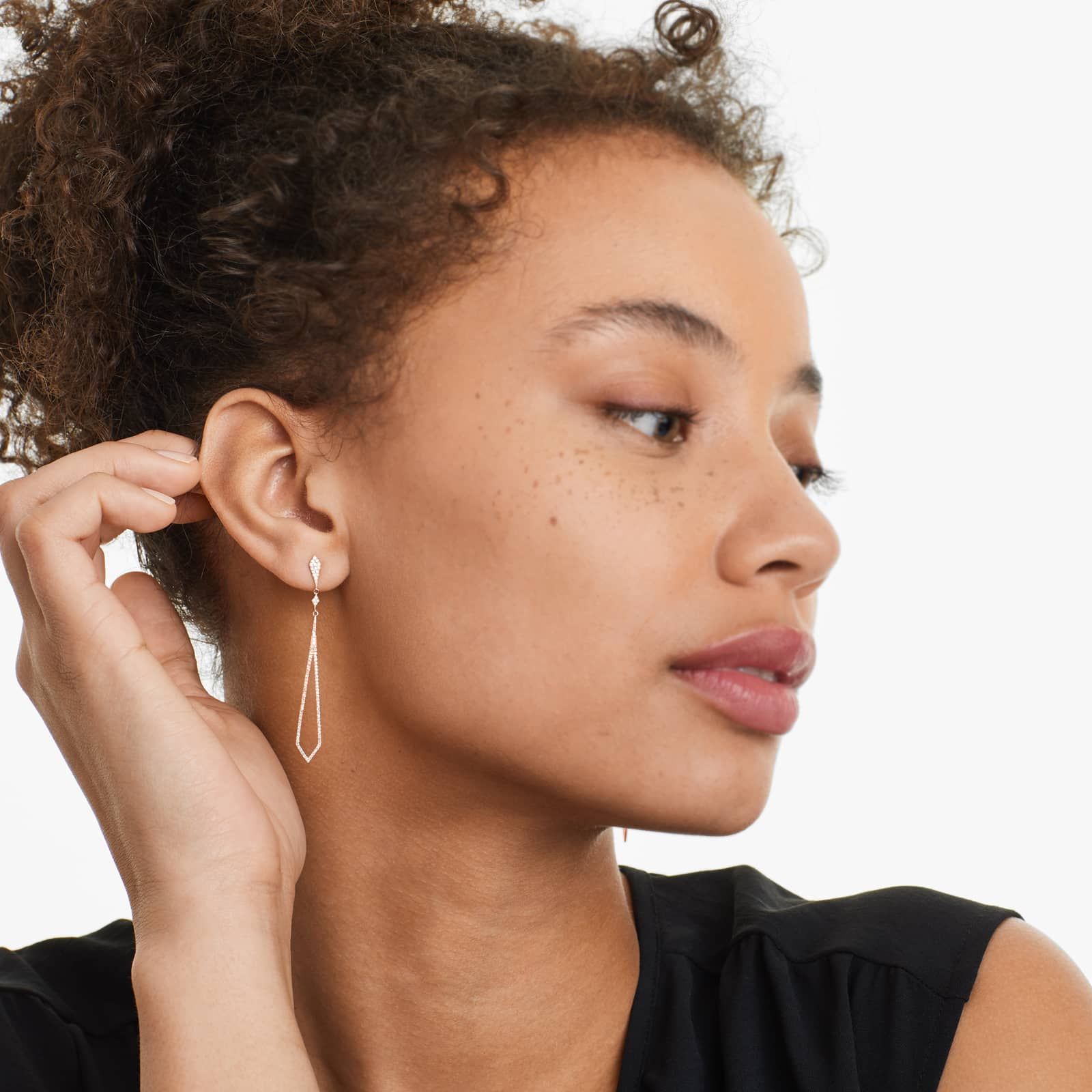 Petite Long Diamond Drop Earrings In 14K Rose Gold