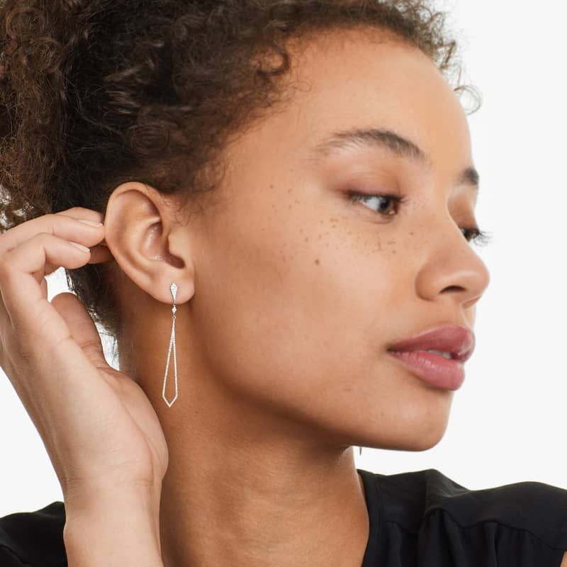 Petite Long Diamond Drop Earrings In 14K White Gold