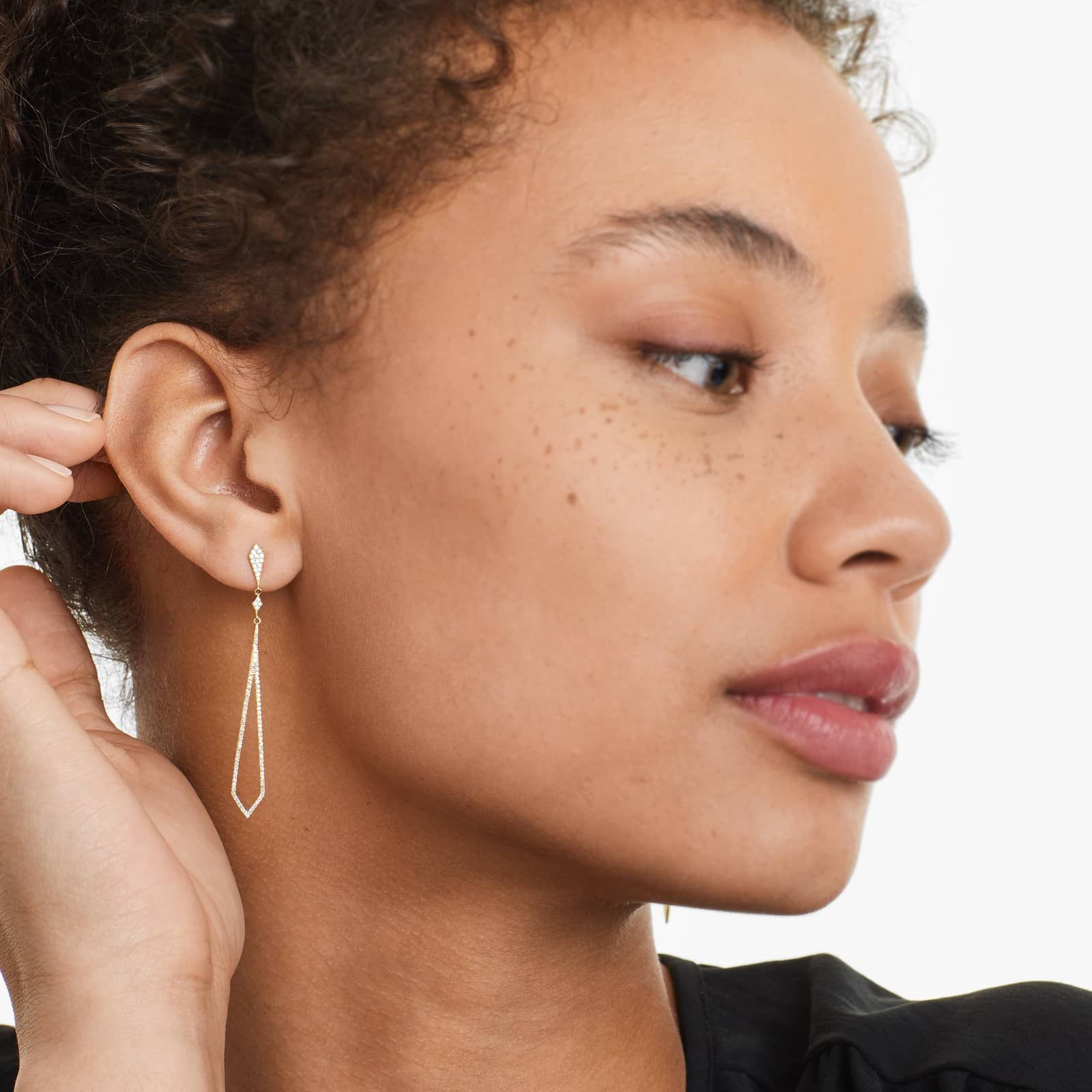 Petite Long Diamond Drop Earrings In 14K Yellow Gold