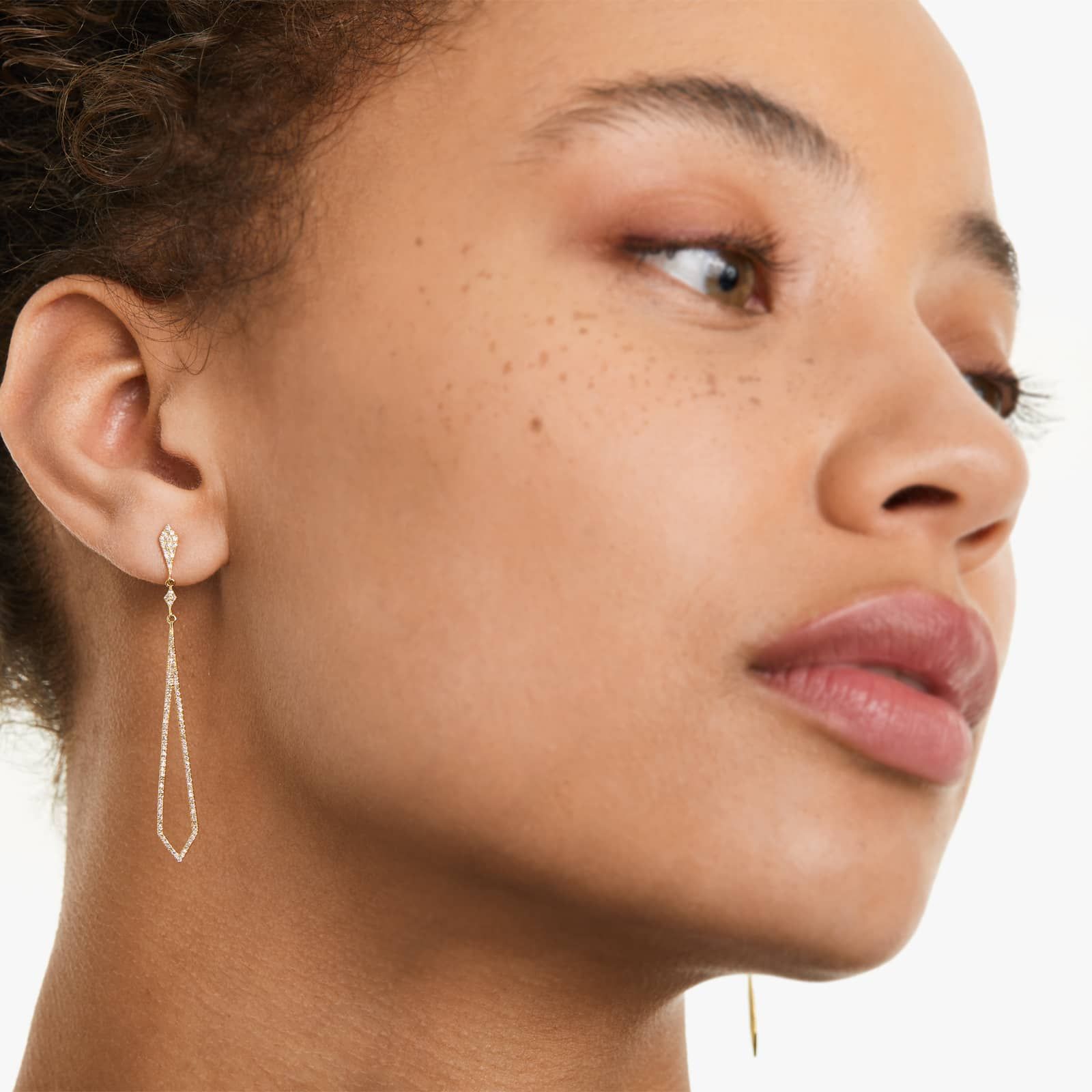 Petite Long Diamond Drop Earrings In 14K Yellow Gold