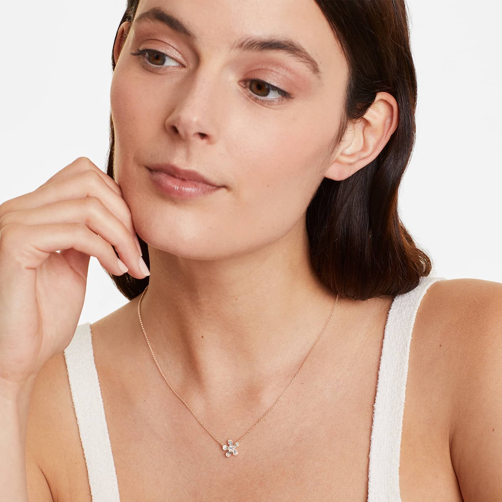 Diamond Flower Necklace With Baguette And Round Diamonds In 14K Rose Gold