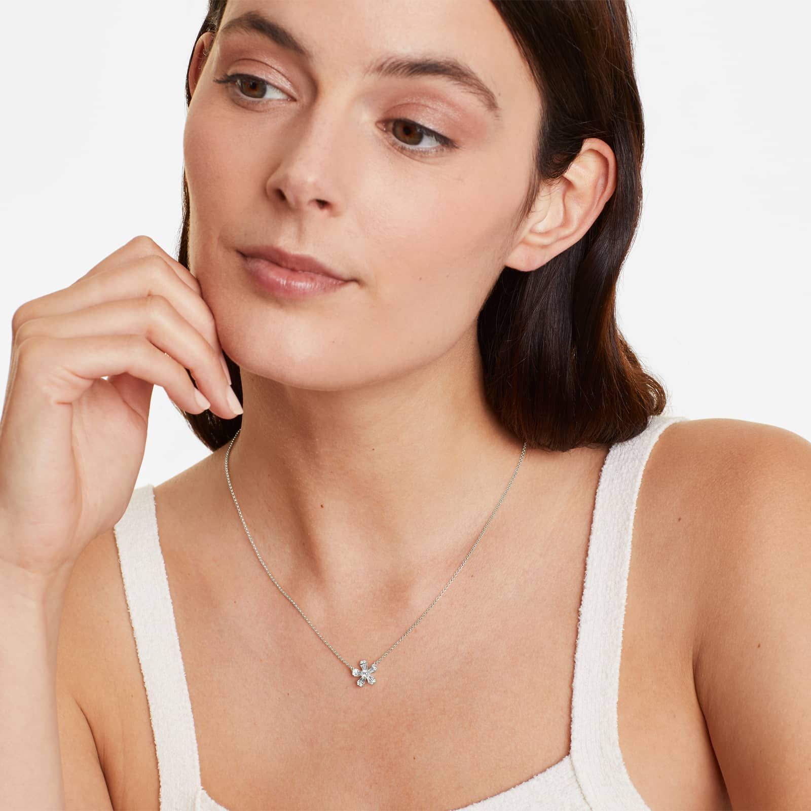 Diamond Flower Necklace With Baguette And Round Diamonds In 14K White Gold