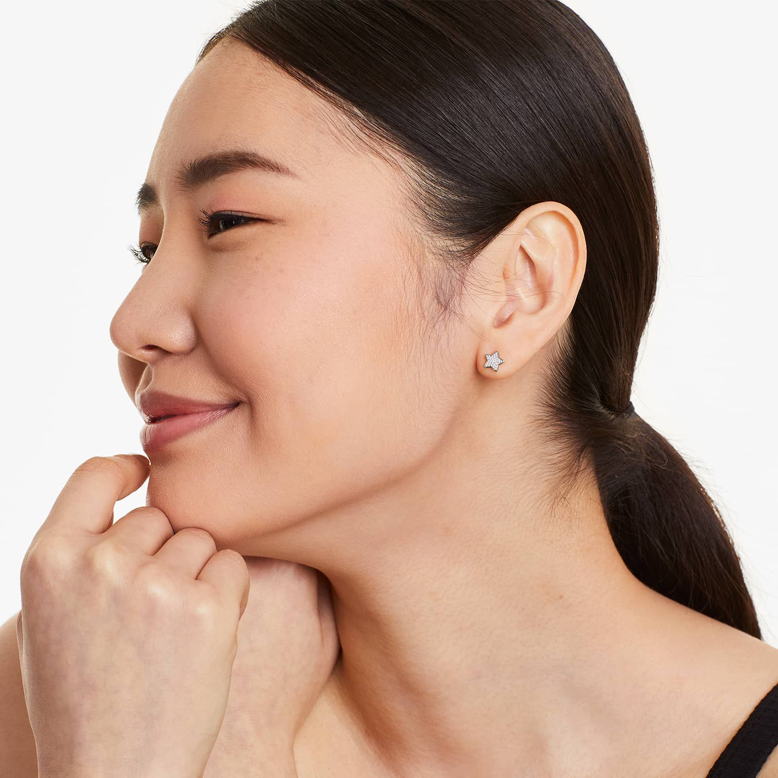 Star And Moon Diamond Earrings In 14K White Gold