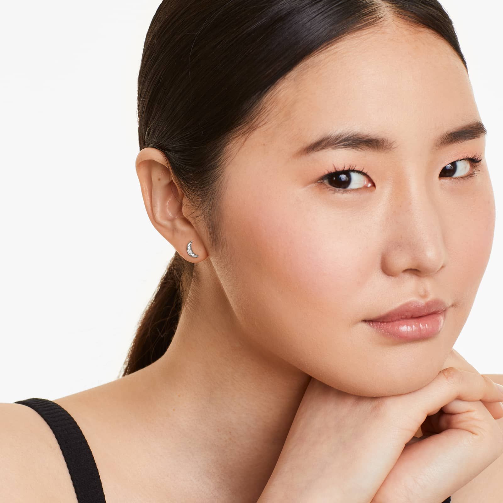 Star And Moon Diamond Earrings In 14K White Gold