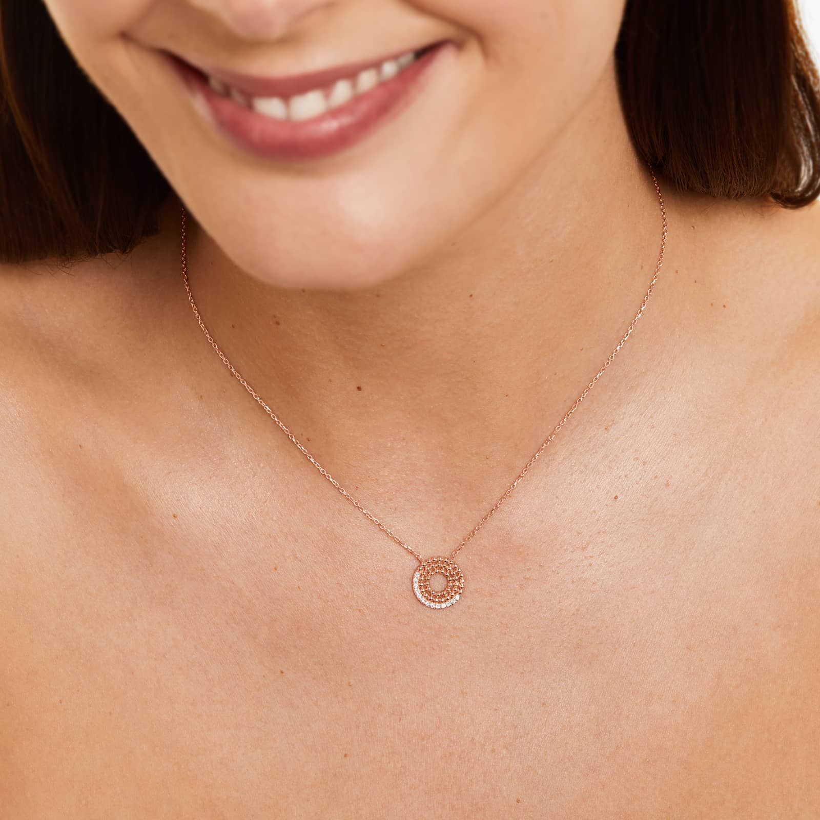 18K Rose Gold Dots Asymmetrical Open Circle Diamond Necklace