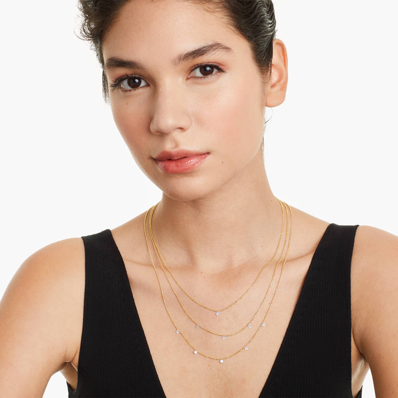 Triple Layer Pierced Diamond Specks Necklace In 14K Yellow Gold by Brevani