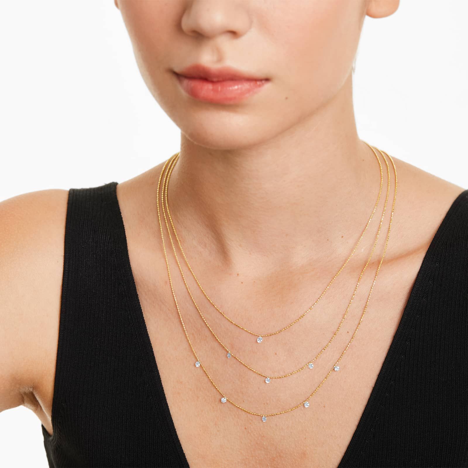 Triple Layer Pierced Diamond Specks Necklace In 14K Yellow Gold by Brevani