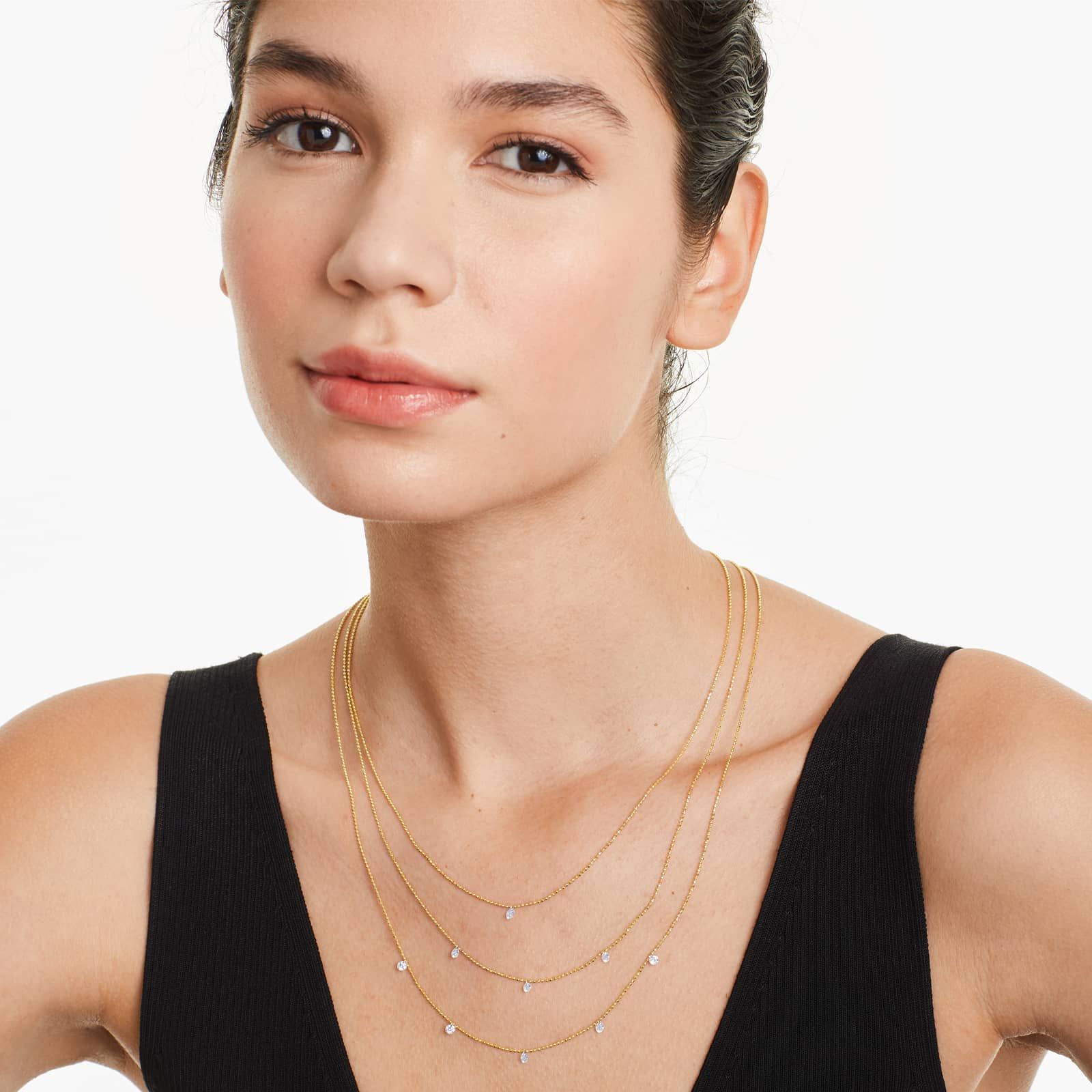 Triple Layer Pierced Diamond Specks Necklace In 14K Yellow Gold by Brevani