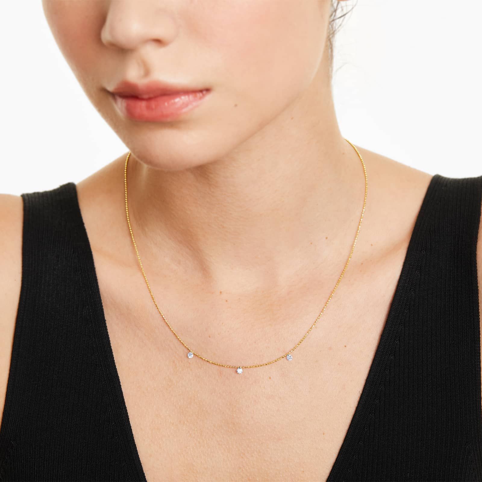 Three Pierced Diamond Specks Necklace In 14K Yellow Gold by Brevani