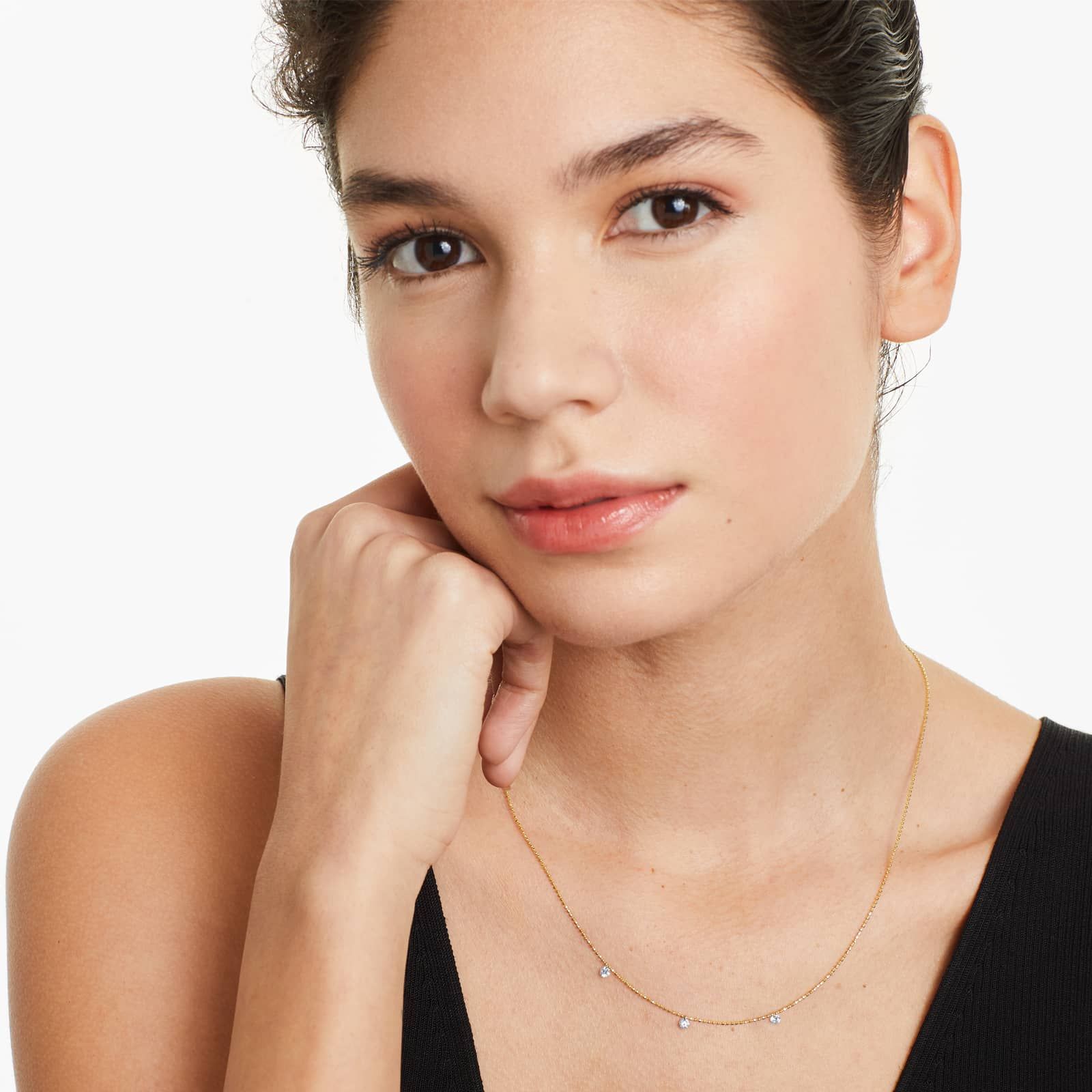 Three Pierced Diamond Specks Necklace In 14K Yellow Gold by Brevani