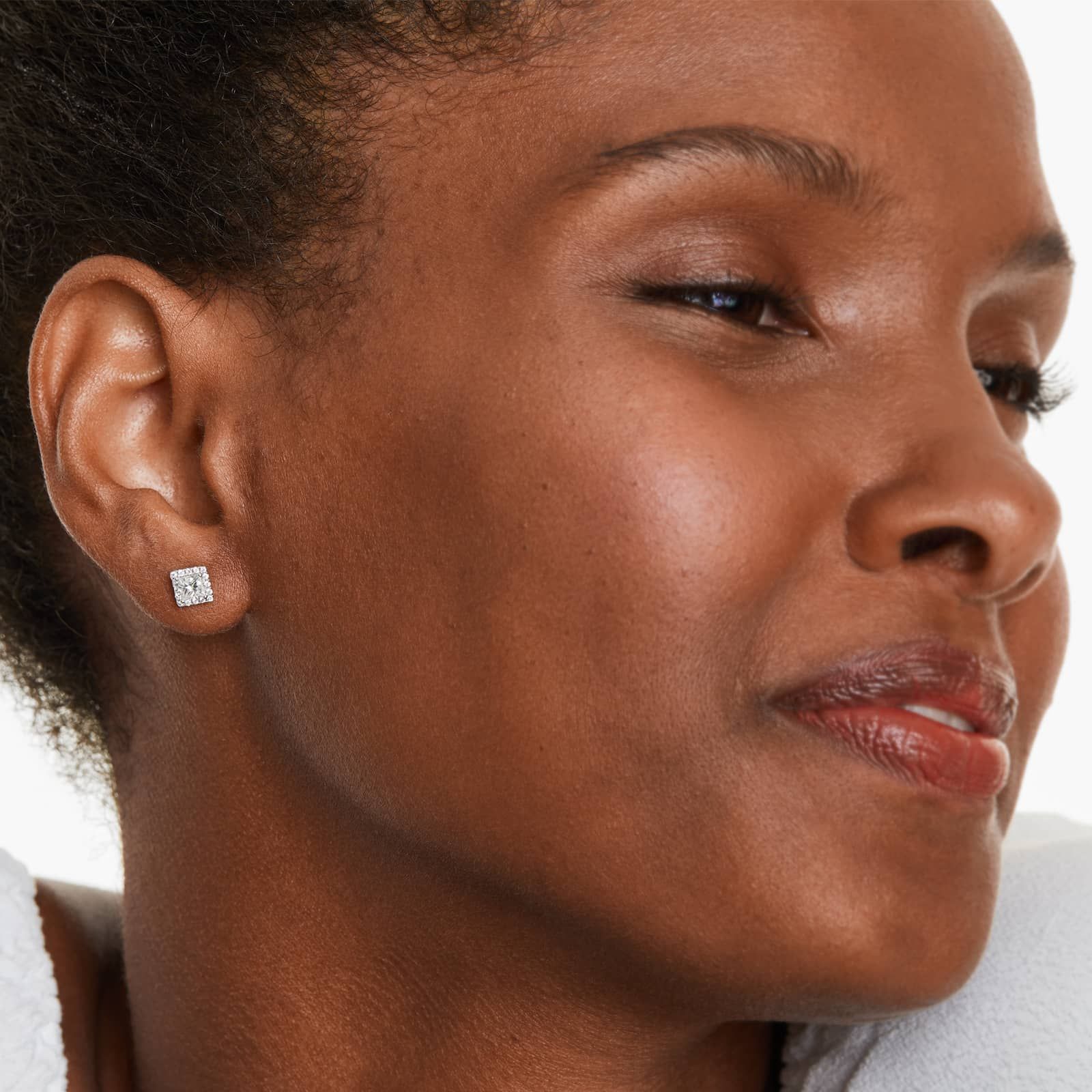 Halo Princess Cut Diamond Stud Earrings In 18K White Gold