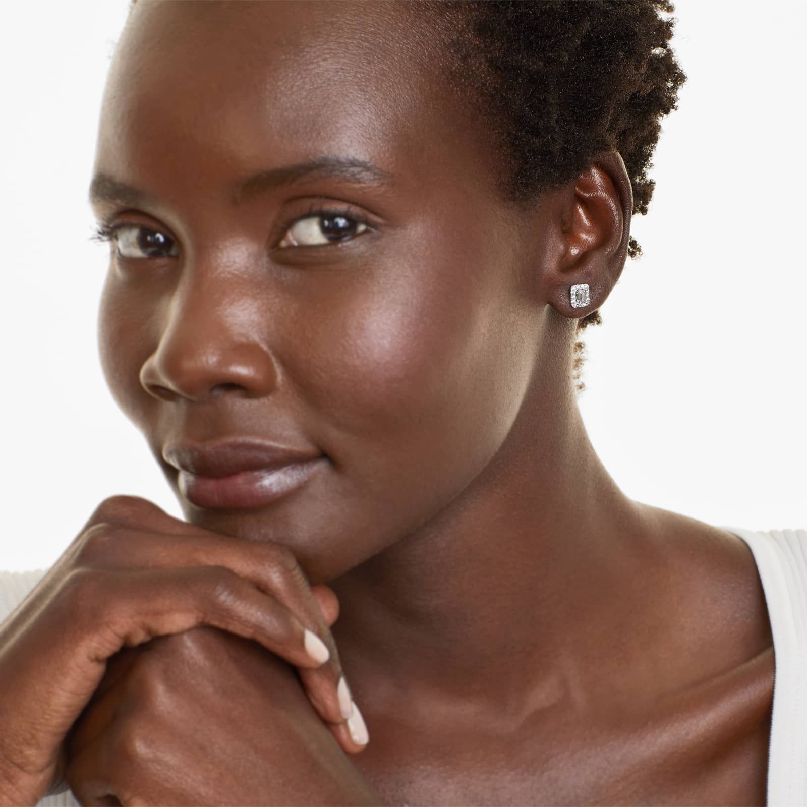 Halo Emerald Cut Diamond Stud Earrings In 18K White Gold