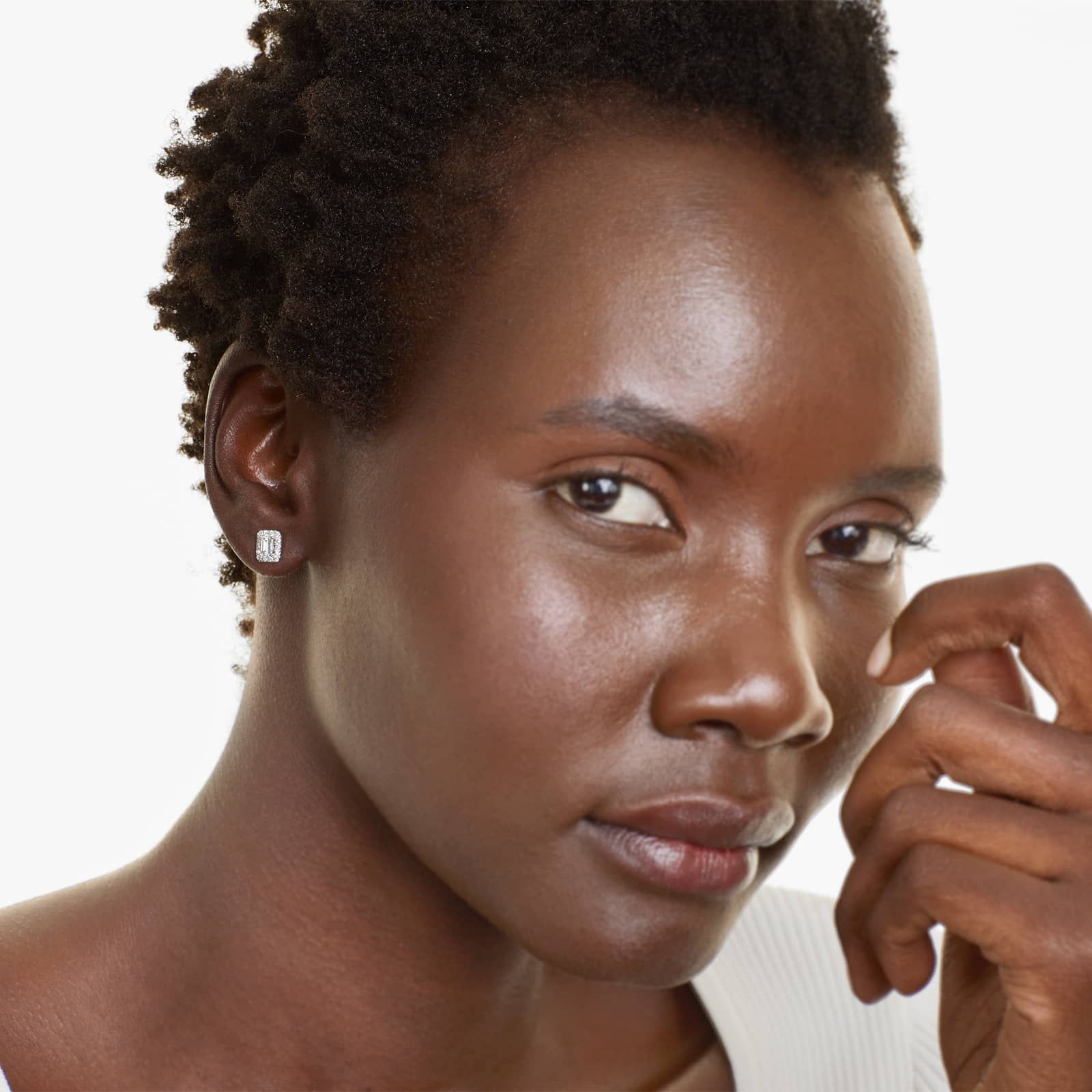 Halo Emerald Cut Diamond Stud Earrings In 18K White Gold